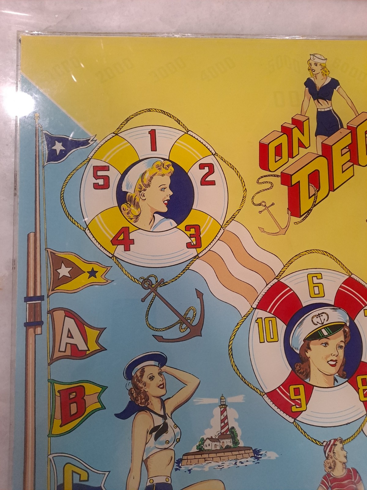 GOTTLIEB,S, ON DECK, Original Pinball Machine BACK GLASS, 1964