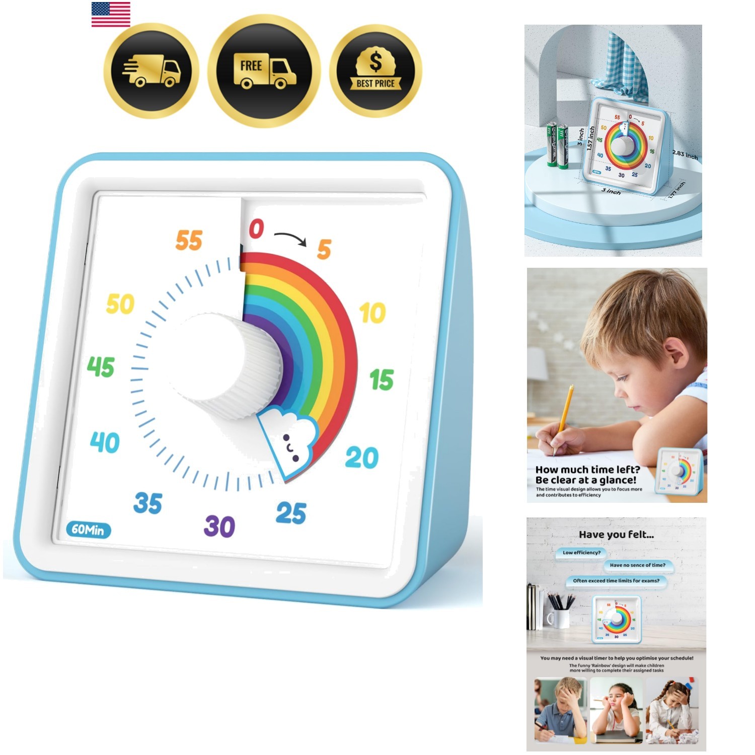 Kids Visual Timer 60 Minute Rainbow Countdown Timer Silent Office Kitchen