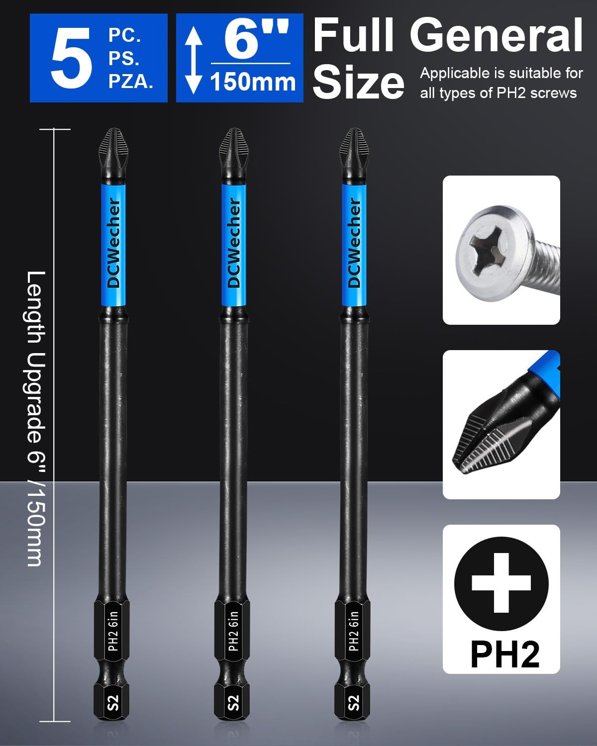 6-Inch Long Phillips Head Drill & Screwdriver Bits 5-Pack 2 Phillips Bits #2 ...