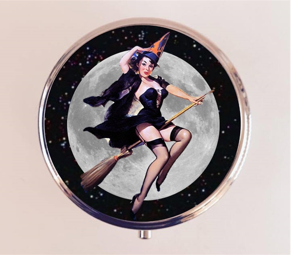 Pinup Witch Pill Box Case Pillbox Holder Trinket Retro Halloween