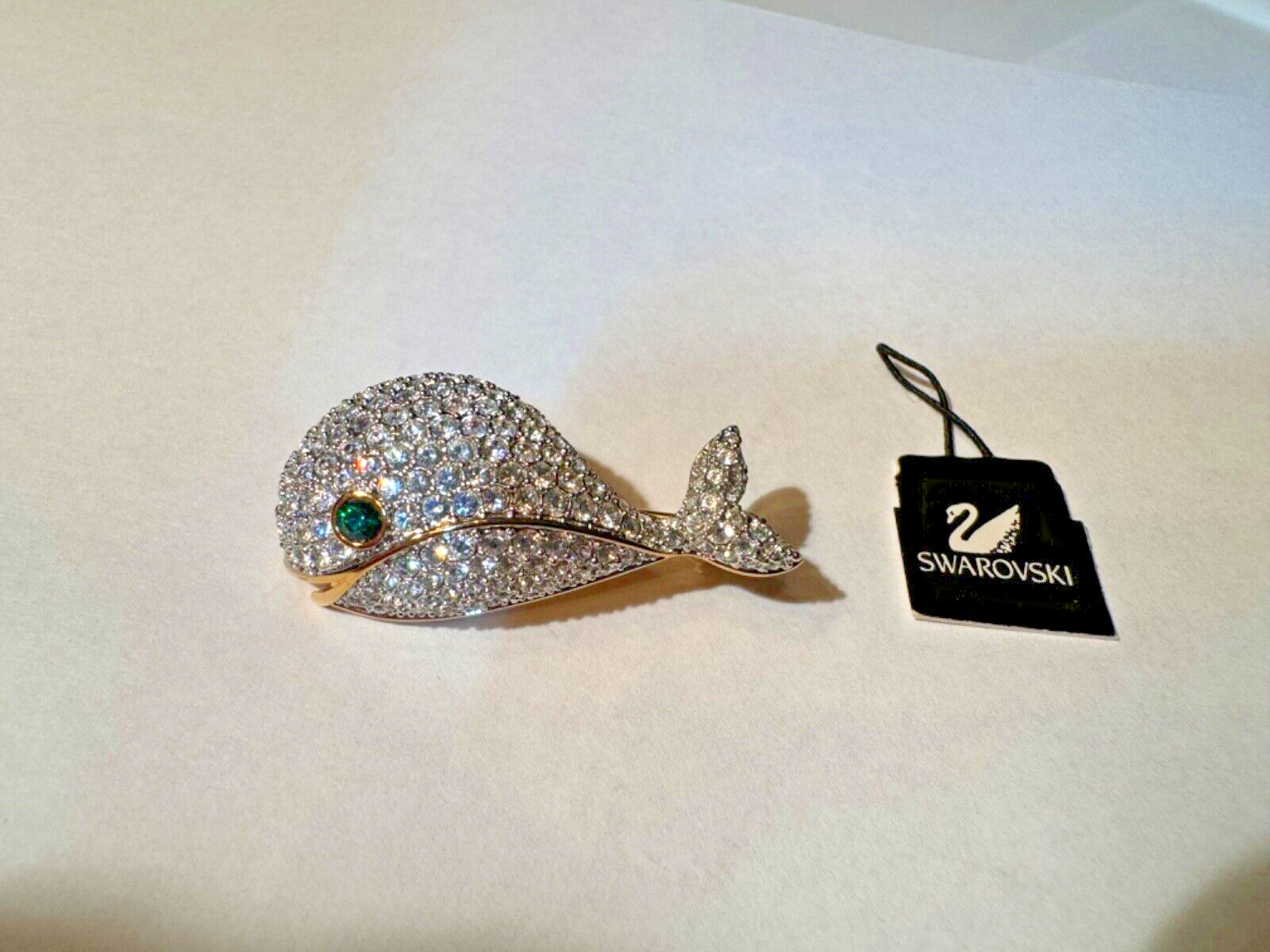 Signed Swan Swarovski Pave’ Gold Plated Whale Fish Brooch Pin