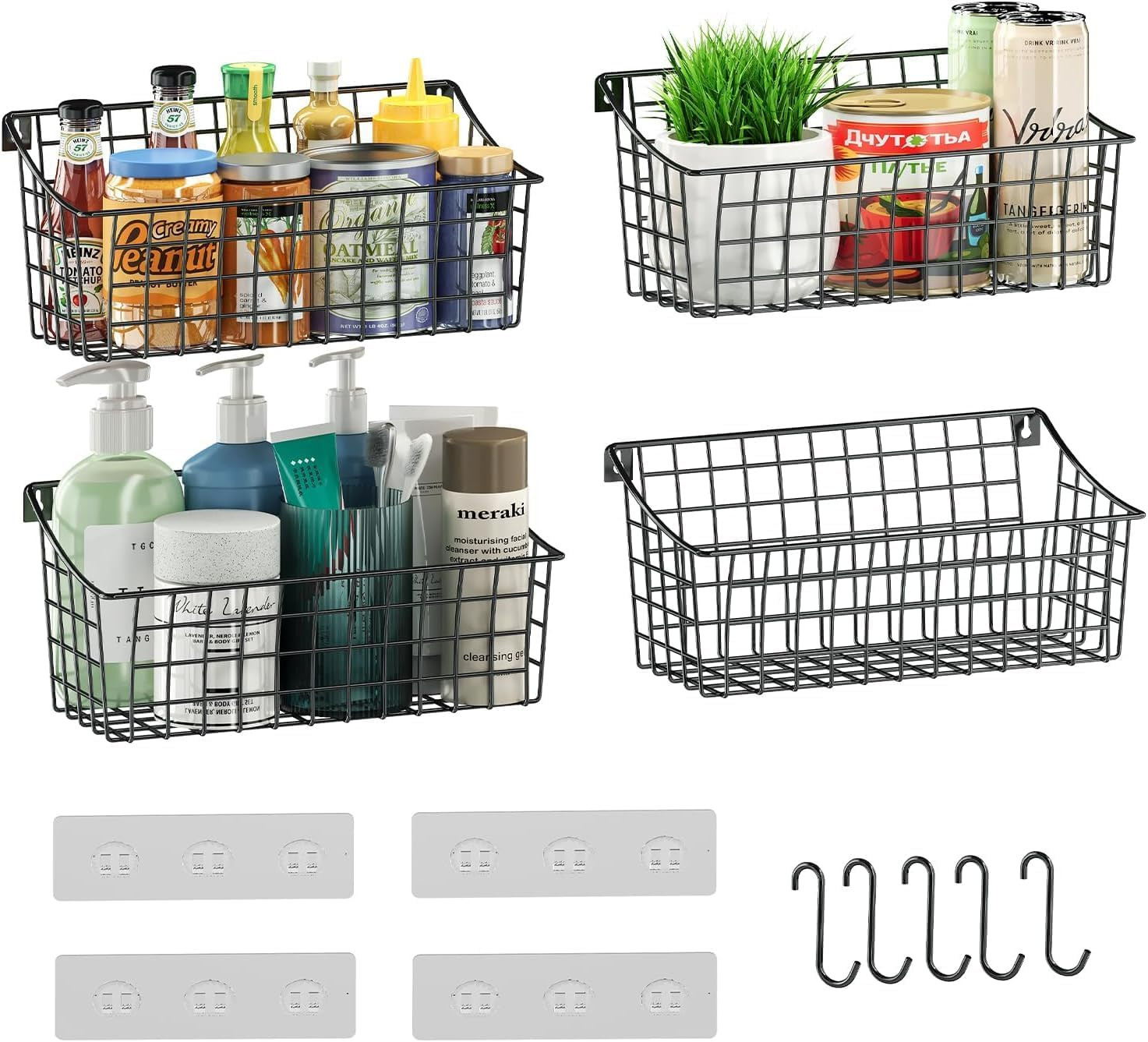 4 Pack Hanging Wall Basket for Organizing, Large Wire Basket for Storage Pantry