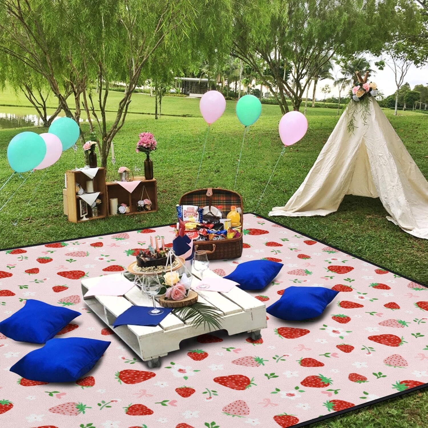 Strawberry Bow Picnic Blankets Waterproof Foldable, 60’‘x80'' Portab