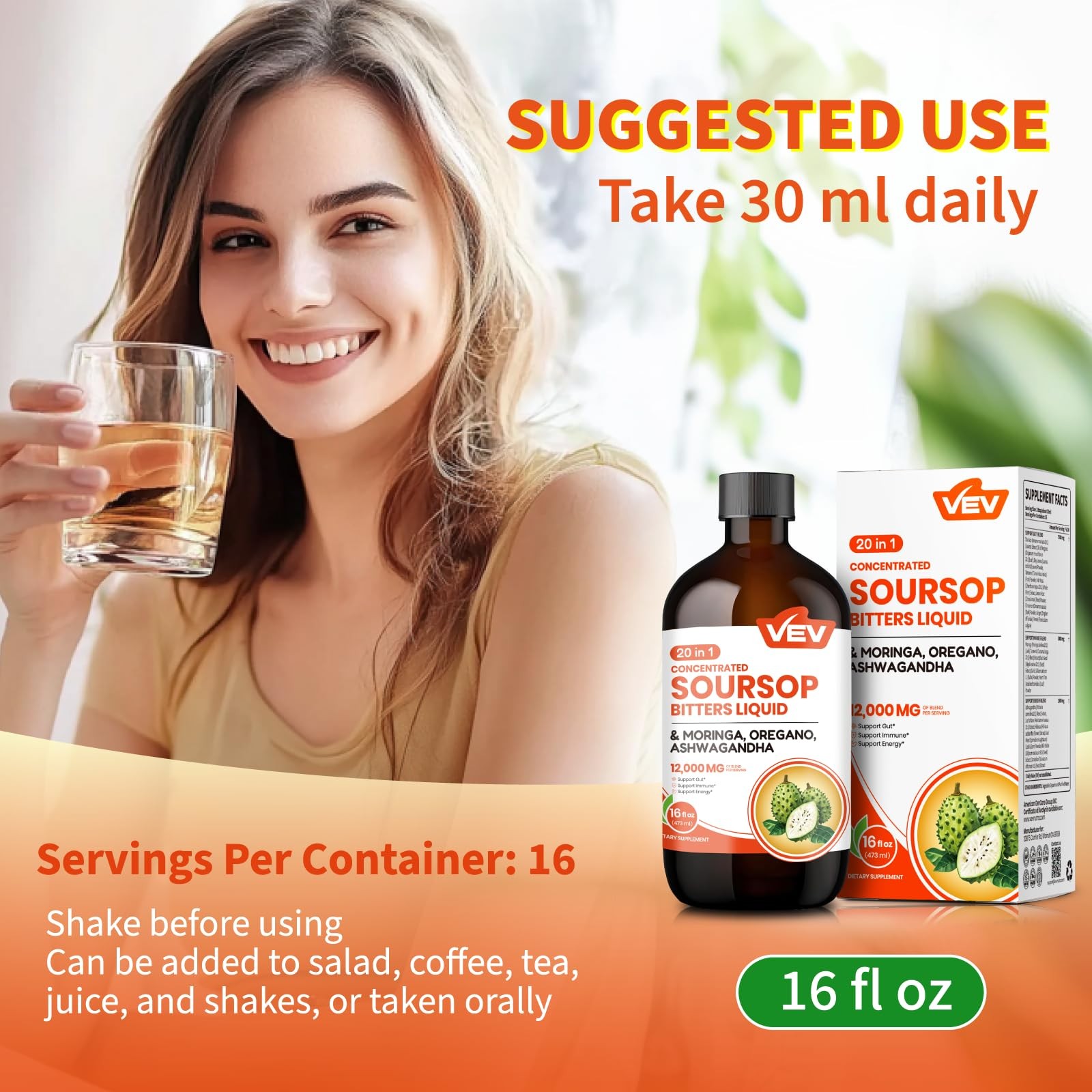 Soursop Bitters Liquid, Graviola Extract, 16 Fl Oz, 20 in 1, with Moringa, Or...