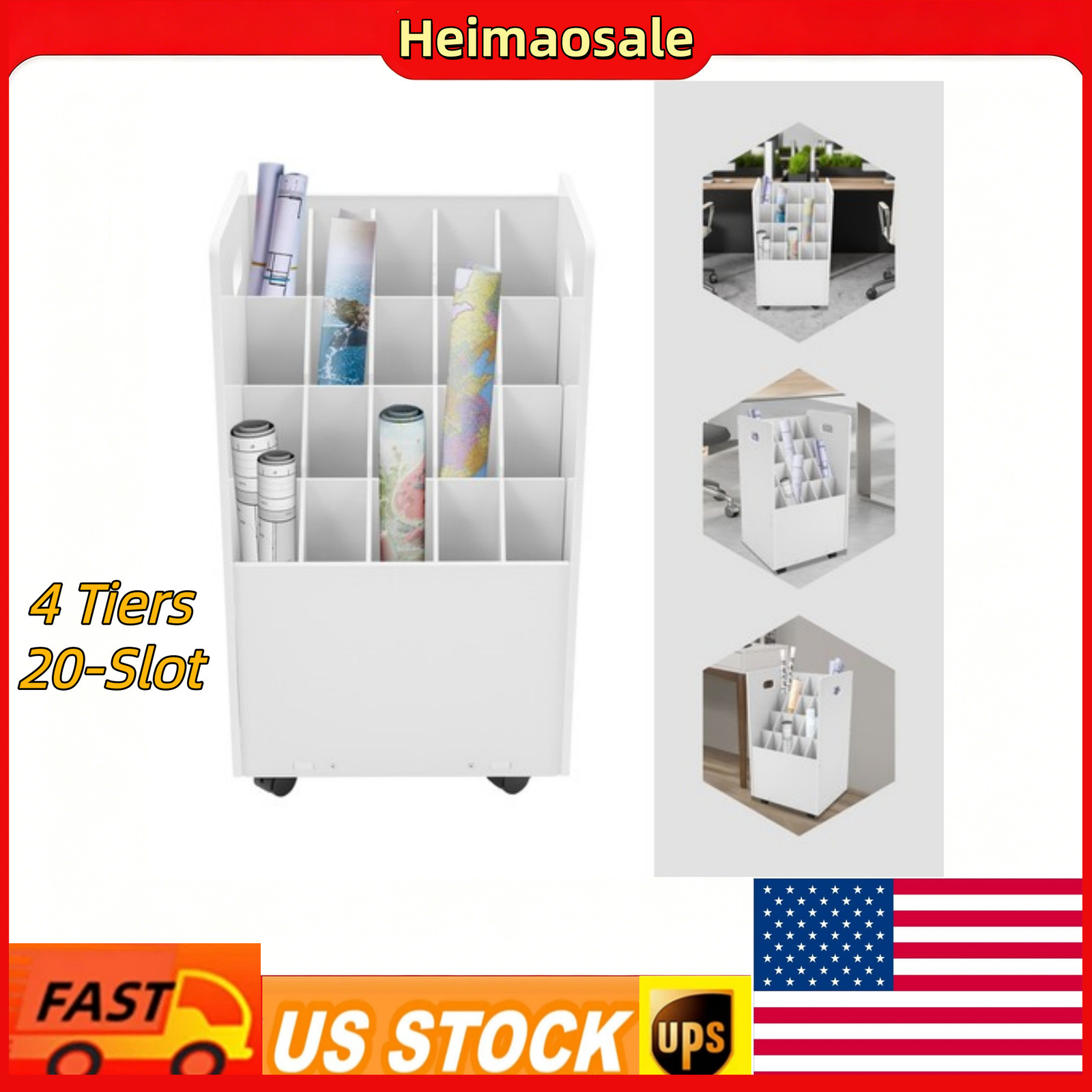 20-Slot Rolling File Organizer Cart, Mobile Blueprint Storage Holder w/ Wheels
