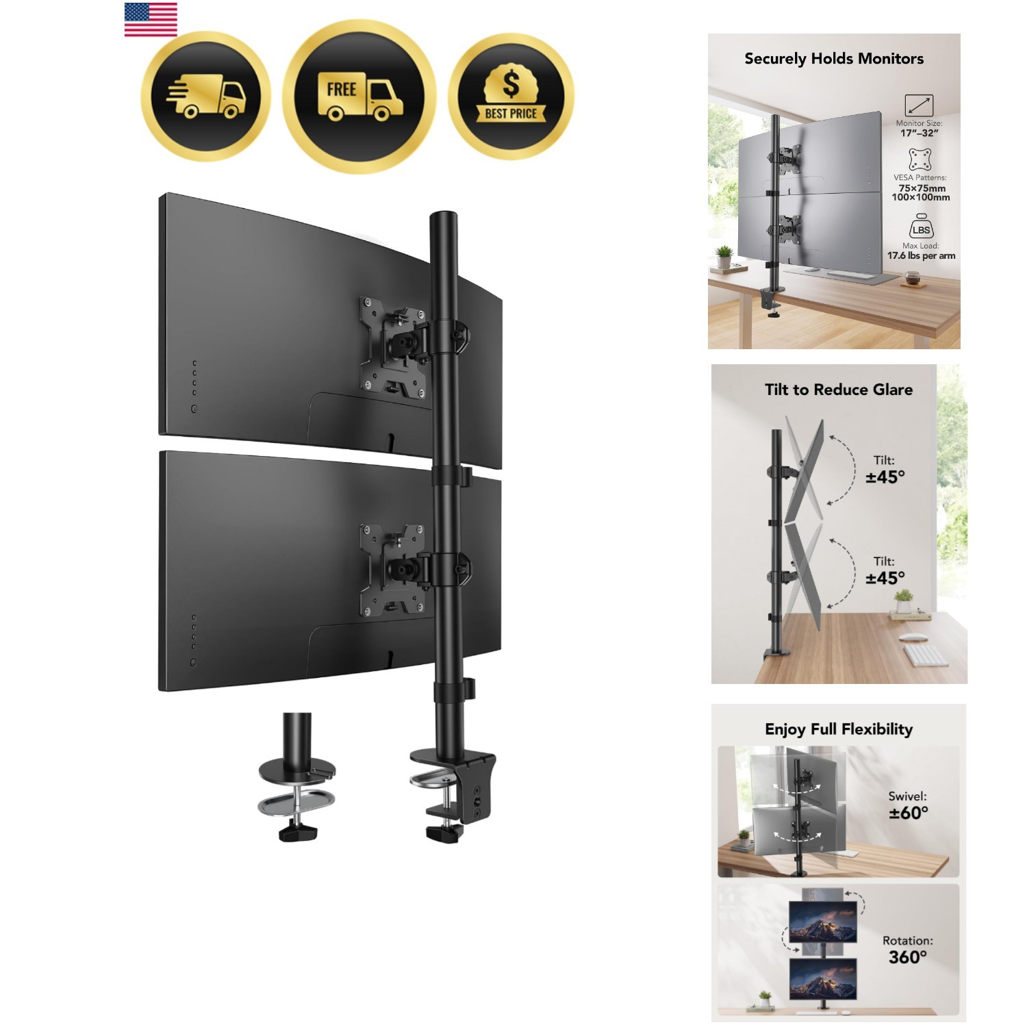 Vertical Dual Monitor Mount for 17-32 Inch Screens Desk Clamp Space Saver