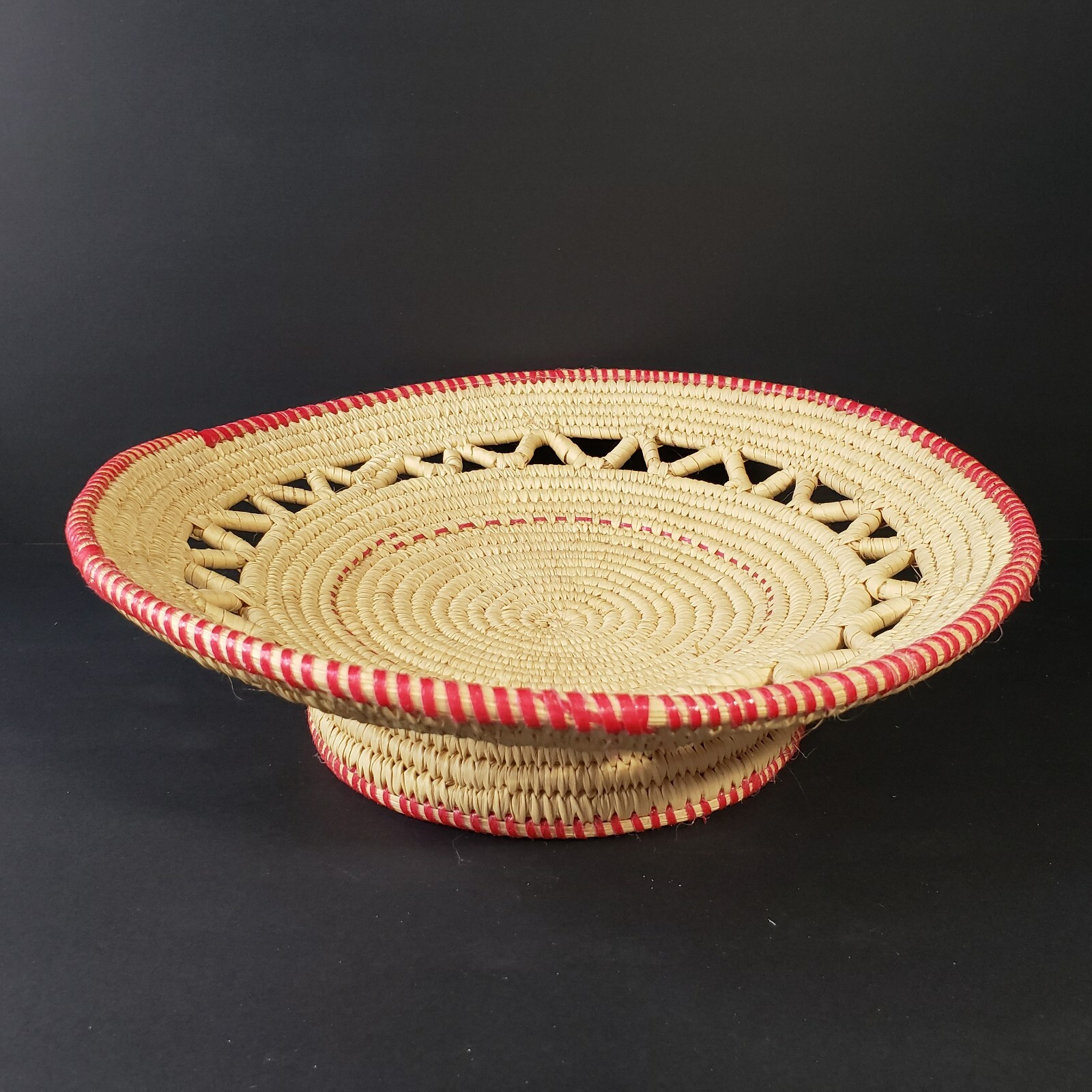 Hand Coiled Pedestal Basket Red Trim Round 11.5" Open Weave Footed