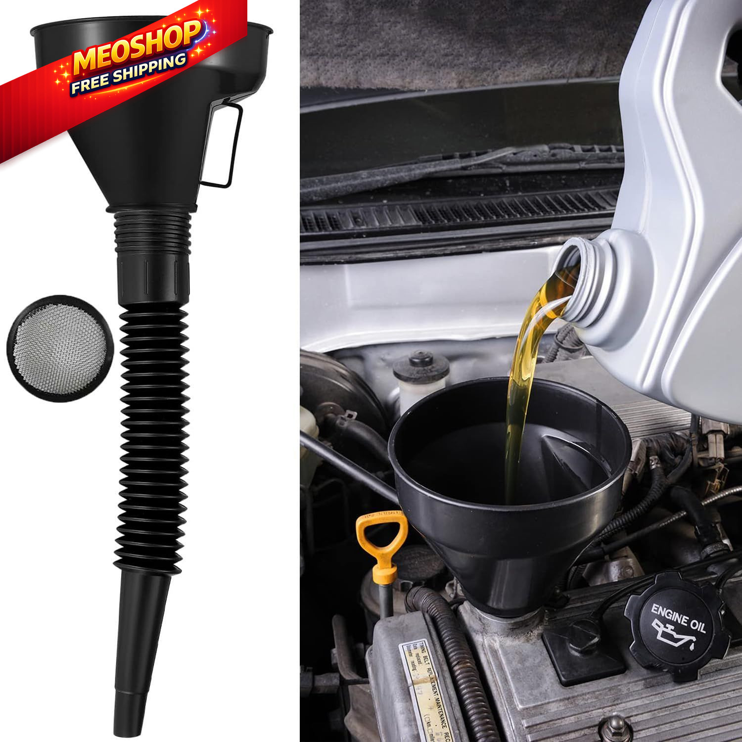 3 Pack Automotive Oil Funnel Set, Wide Mouth Fuel Funnels Black, Orange, Red
