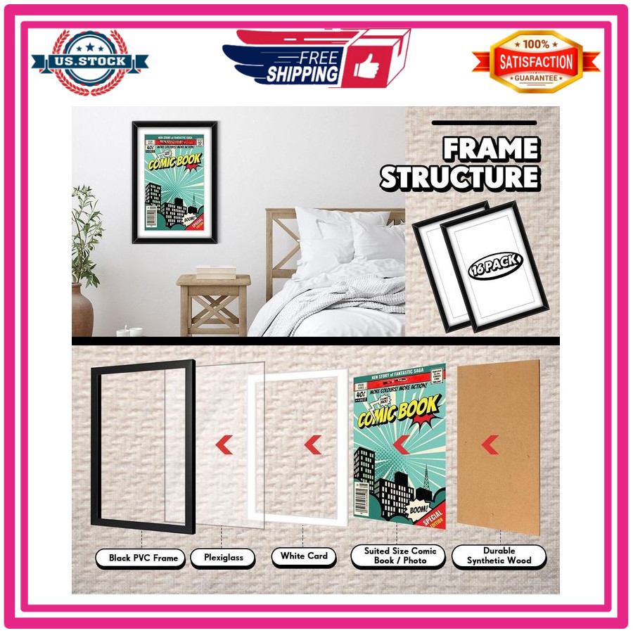 Geetery 16 Pack Comic Book Frames UV Protection Wall or Tabletop Display
