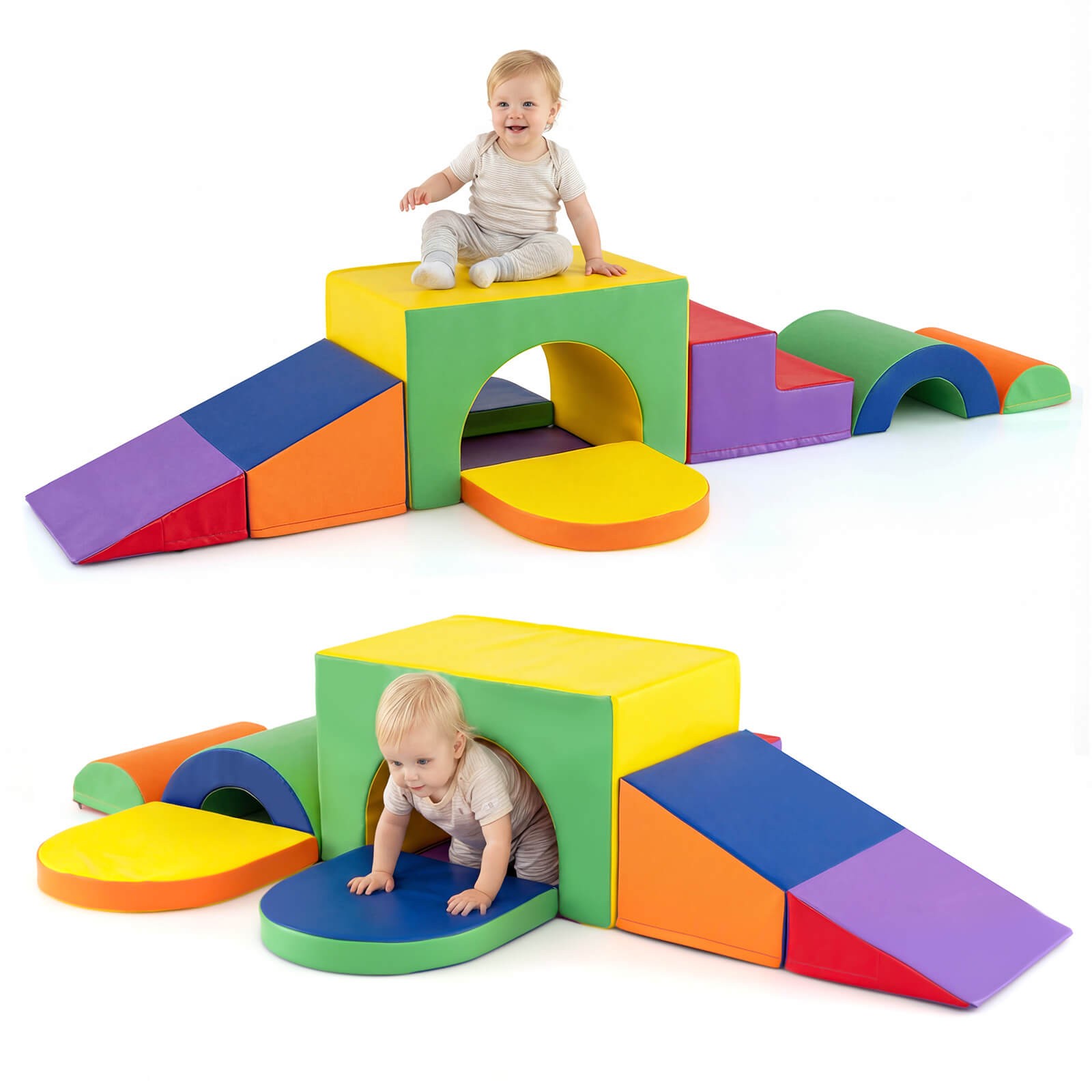 7PCS Soft Foam Climbing Blocks Set w/Slide & Tunnel, Waterproof & Easy to Clean