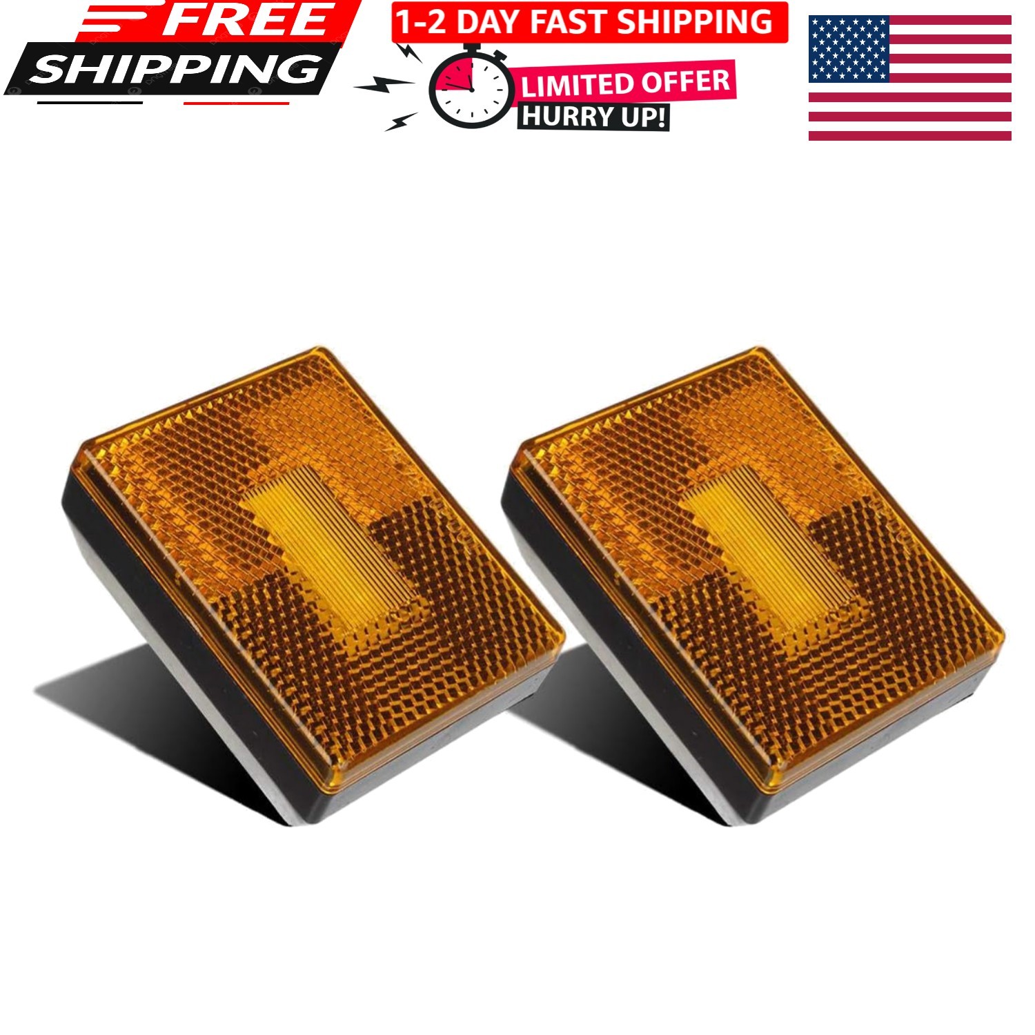 2 Amber 3 LED Square Stud Mount Clearance Side Marker Lights Trailer Camper w...