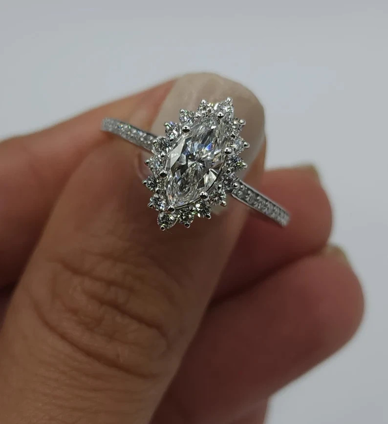 Marquise Cut Moissanite Halo Style Engagement Ring Classic Wedding Promise Ring