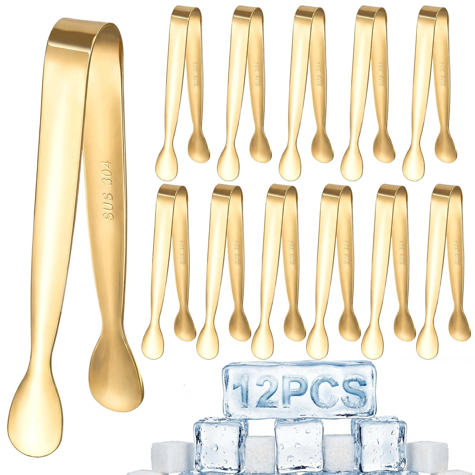 12 Pcs Gold Serving Tongs, Stainless Steel Ice Tongs Mini Sugar Tongs for Kit...