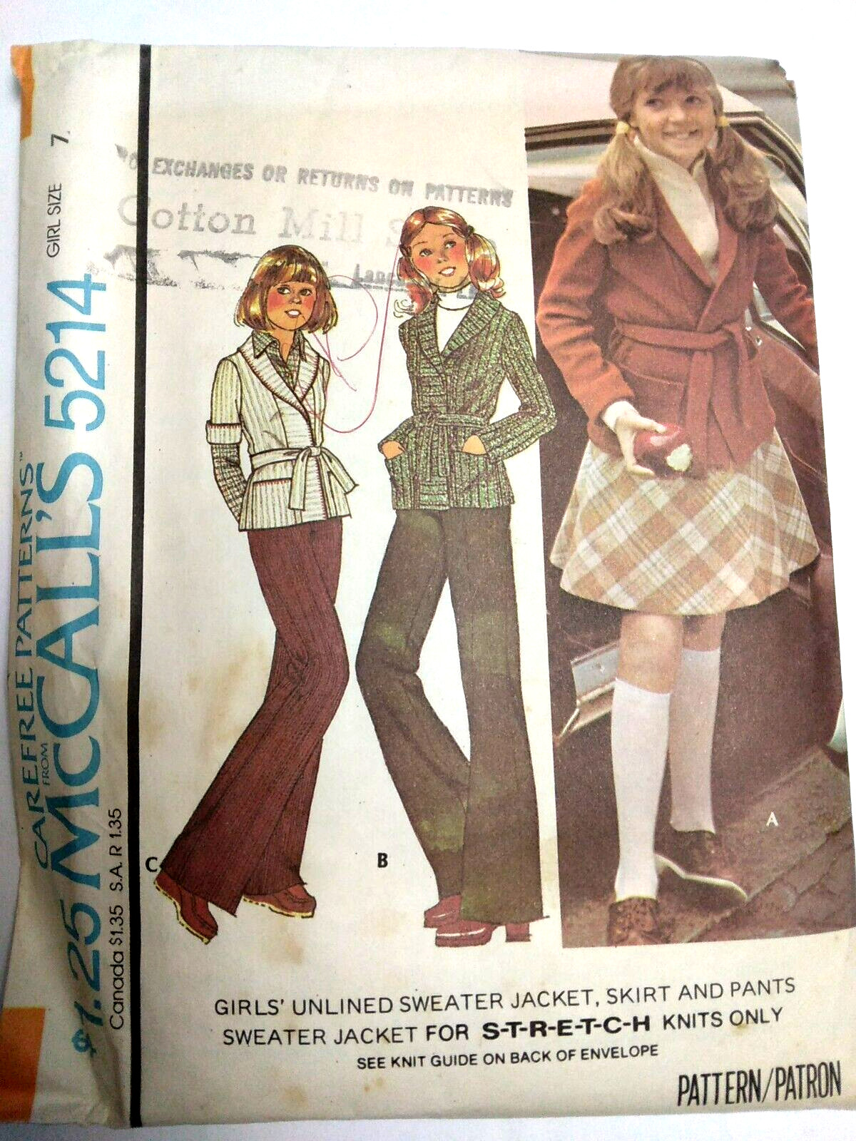 Sweater Cardigan Jacket Skirt Pants Girls 7 McCalls 5214 Sewing Pattern VTG 70s