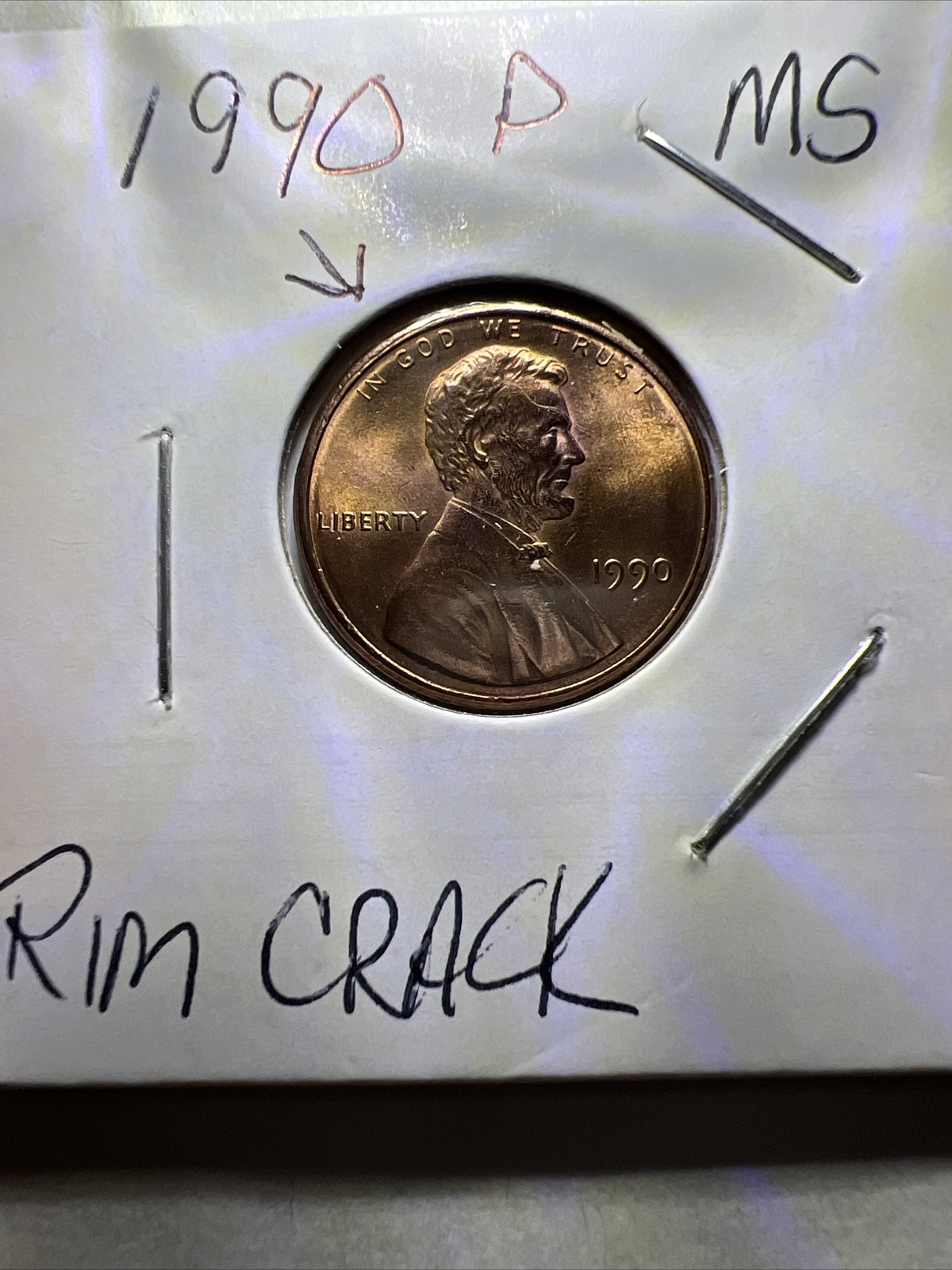 1990 P Lincoln Memorial Cent Rim Crack DDR MS UC