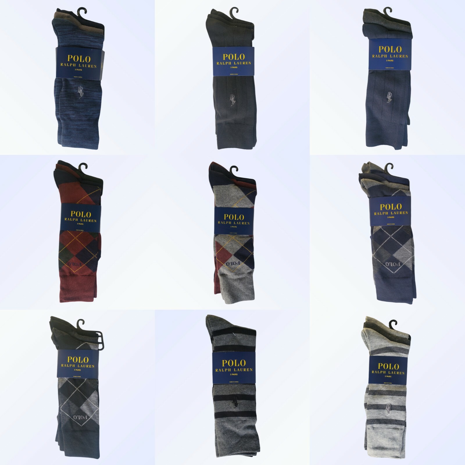 3 Pairs Men's Polo Ralph Lauren Assorted Dress Socks,  Solid, Stripes & Argyle