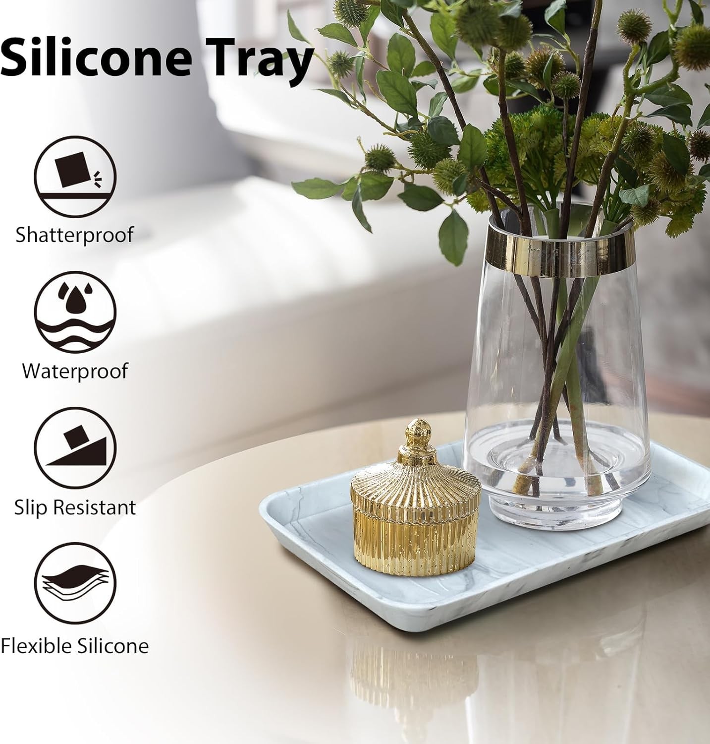 2 Pcs Countertop Vanity Tray, Bathroom Silicone Shatterproof Marble