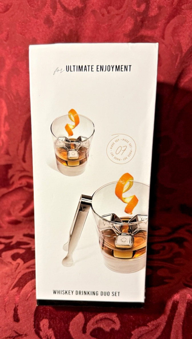 The Whiskey Drinking Duo Set w/Stainless Steel Cubes & Tongs 7 Piece Set