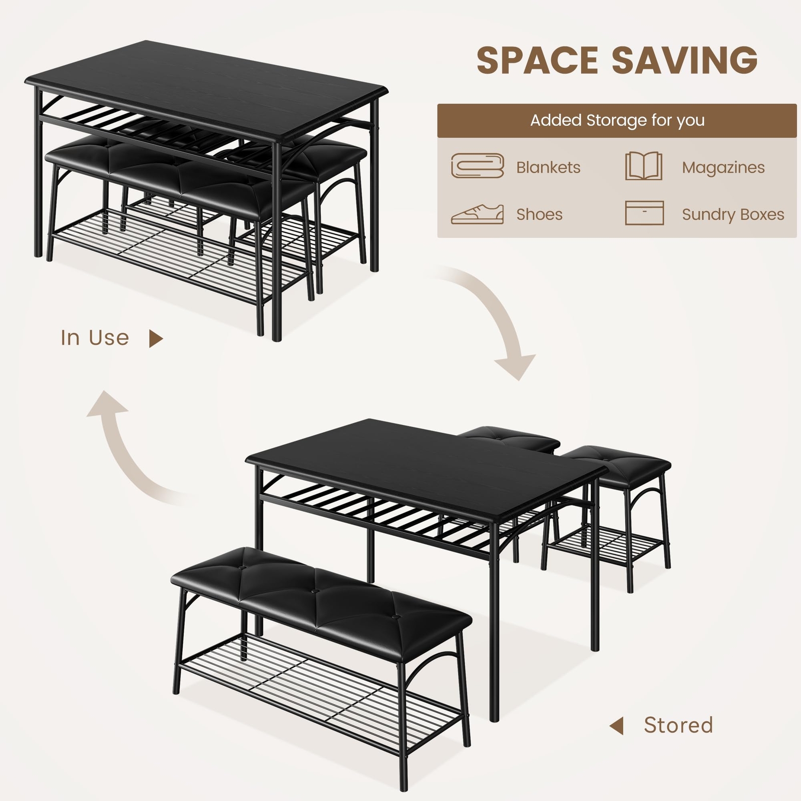 Dining Table Set for 4 Kitchen Table Set w/Upholstered Bench and Stools Storage
