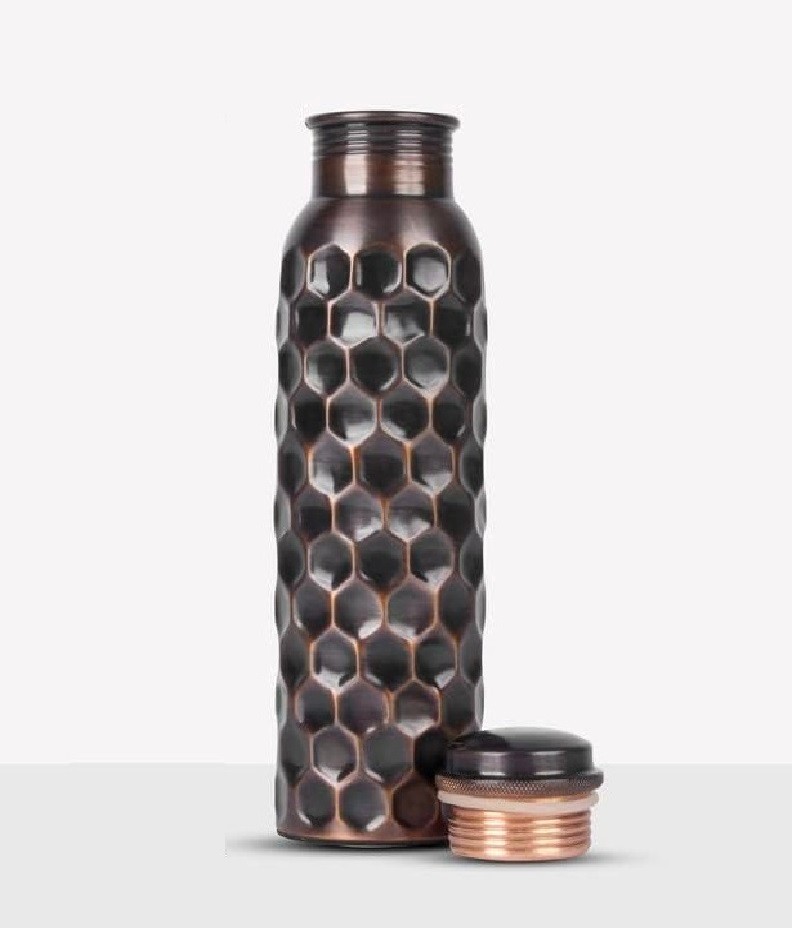 100% Pure Copper Water Bottle Hammered 32oz Leak Proof Lid