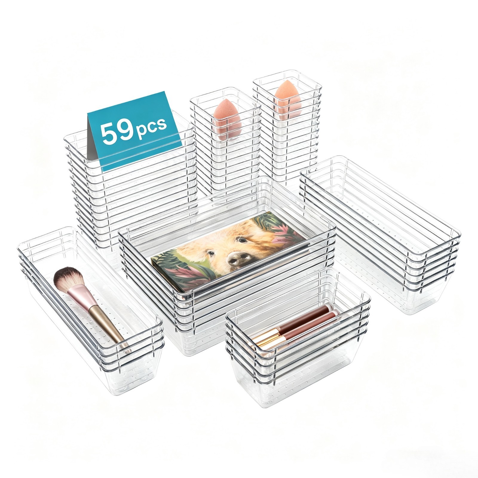 59PCS Clear Plastic Drawer Organizers Set, 4-Size Versatile Vanity Organizer