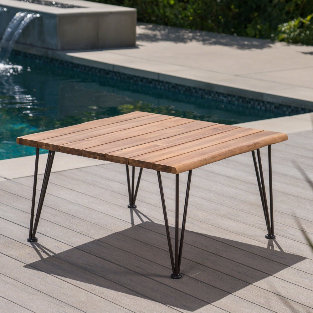 Rustic Acacia Wood Coffee Table w/ Iron Frame for Outdoor Patio