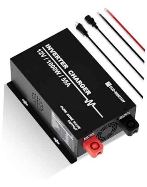 Pure Sine Wave Inverter Charger, Power Inverter with 55A LiFePO4 Battery 1000W