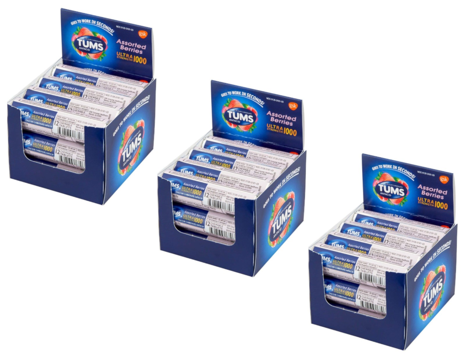Tums Ultra 1000 Assorted Berries 12 Count x 12 Rolls (144 ct Each) - Pack of 3