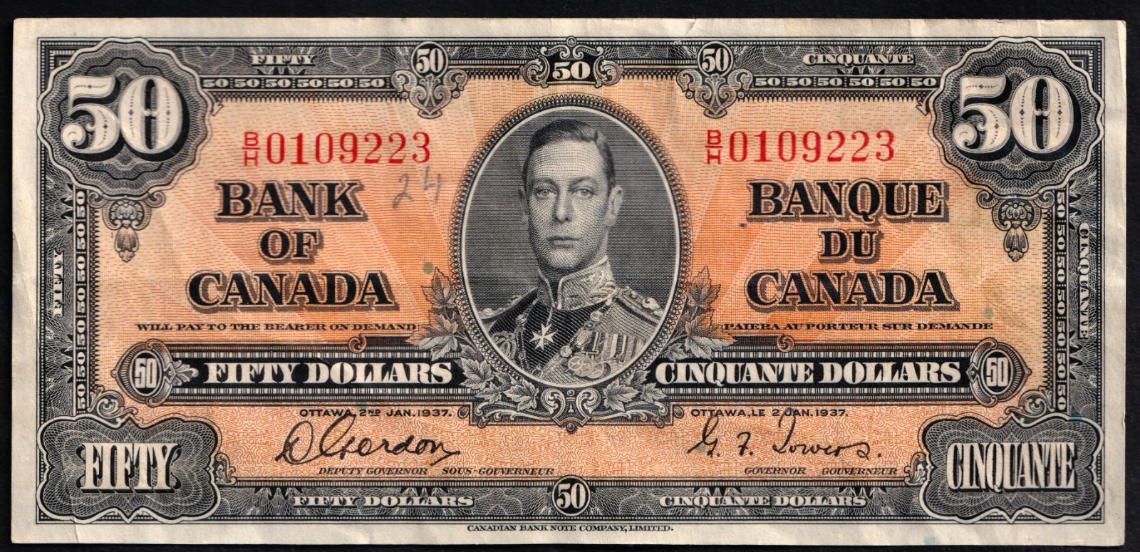 Canada 1937 $50 Fifty Dollar Banknote Gordon - Towers B/H 0109223