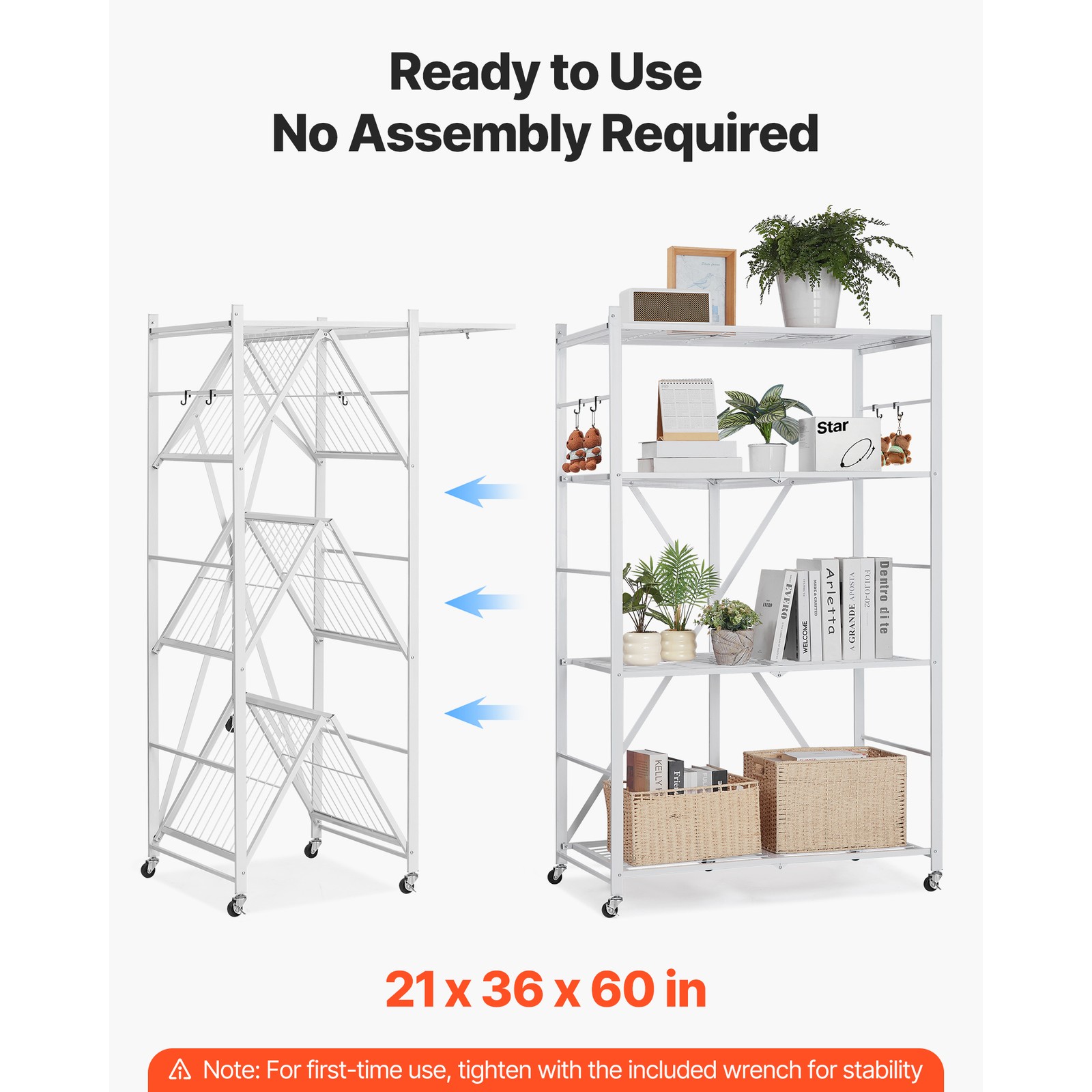 Folding Storage Shelf with Wheels 4-Tier No Assembly Organizer Shelf White