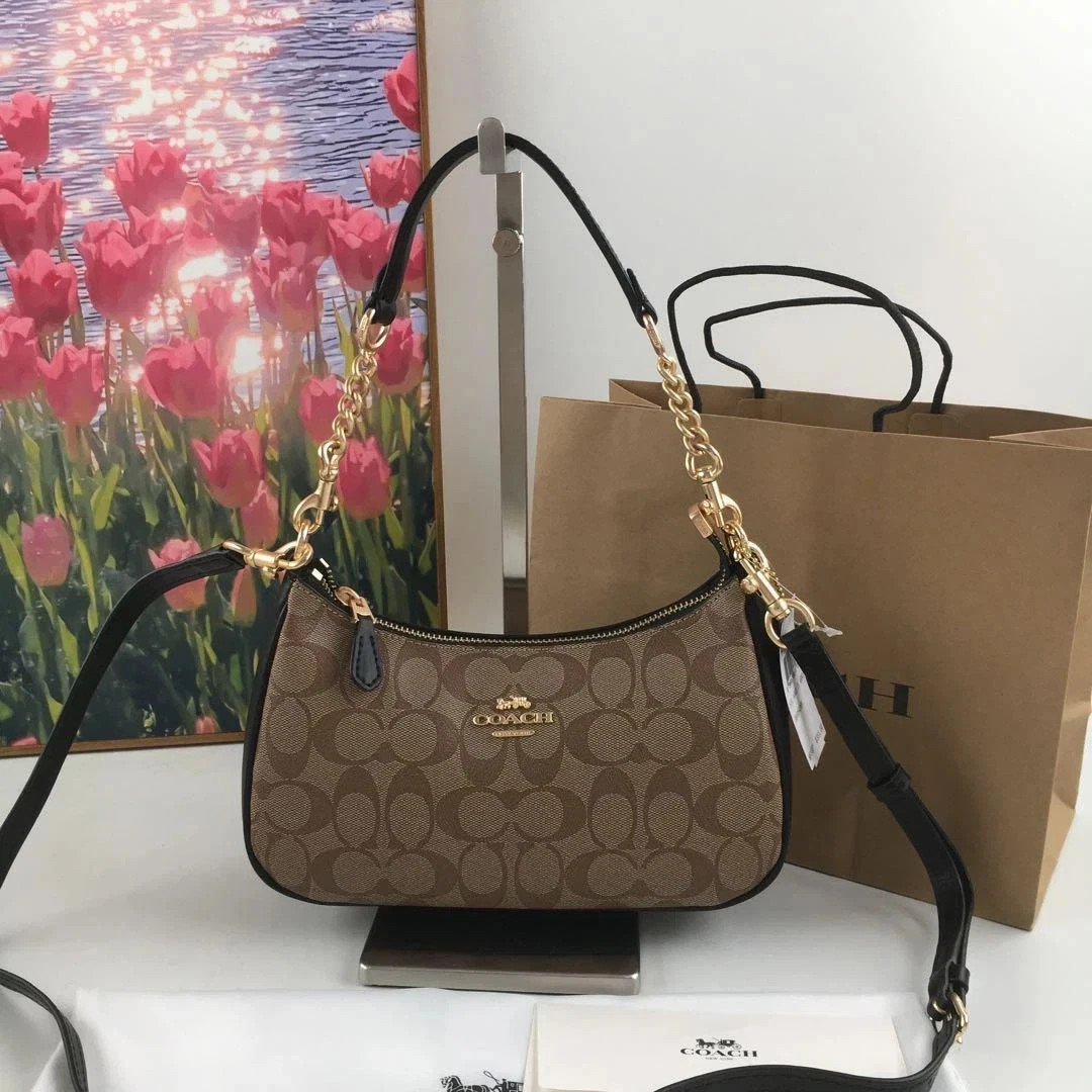 NWT COACH CA548 Teri Shoulder Bag In Signature Canvas Gold/Black Free Shipping