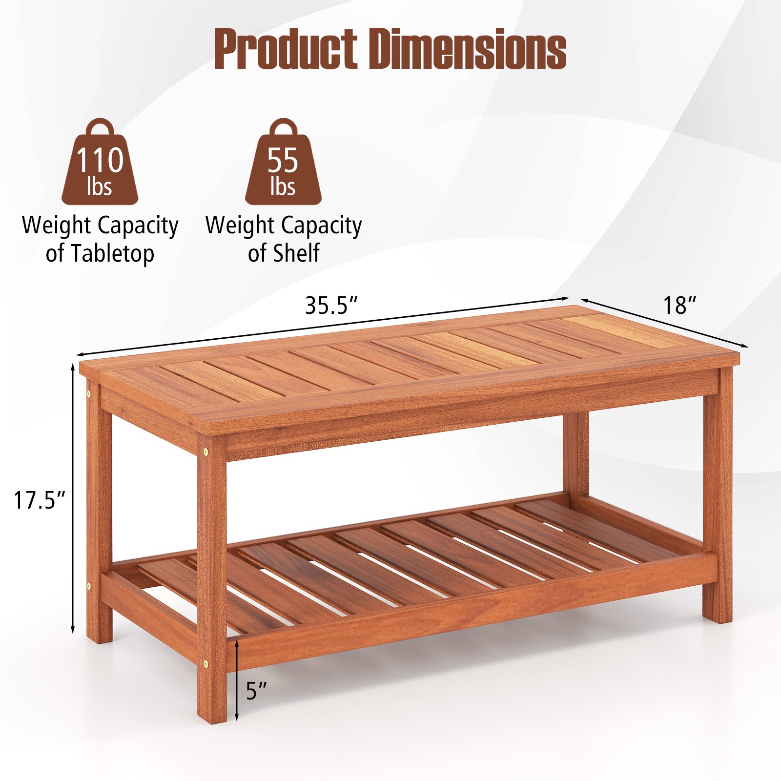 2-Tier Outdoor Side Rectangle Side Table Patio Coffee Table Solid Wood Porch