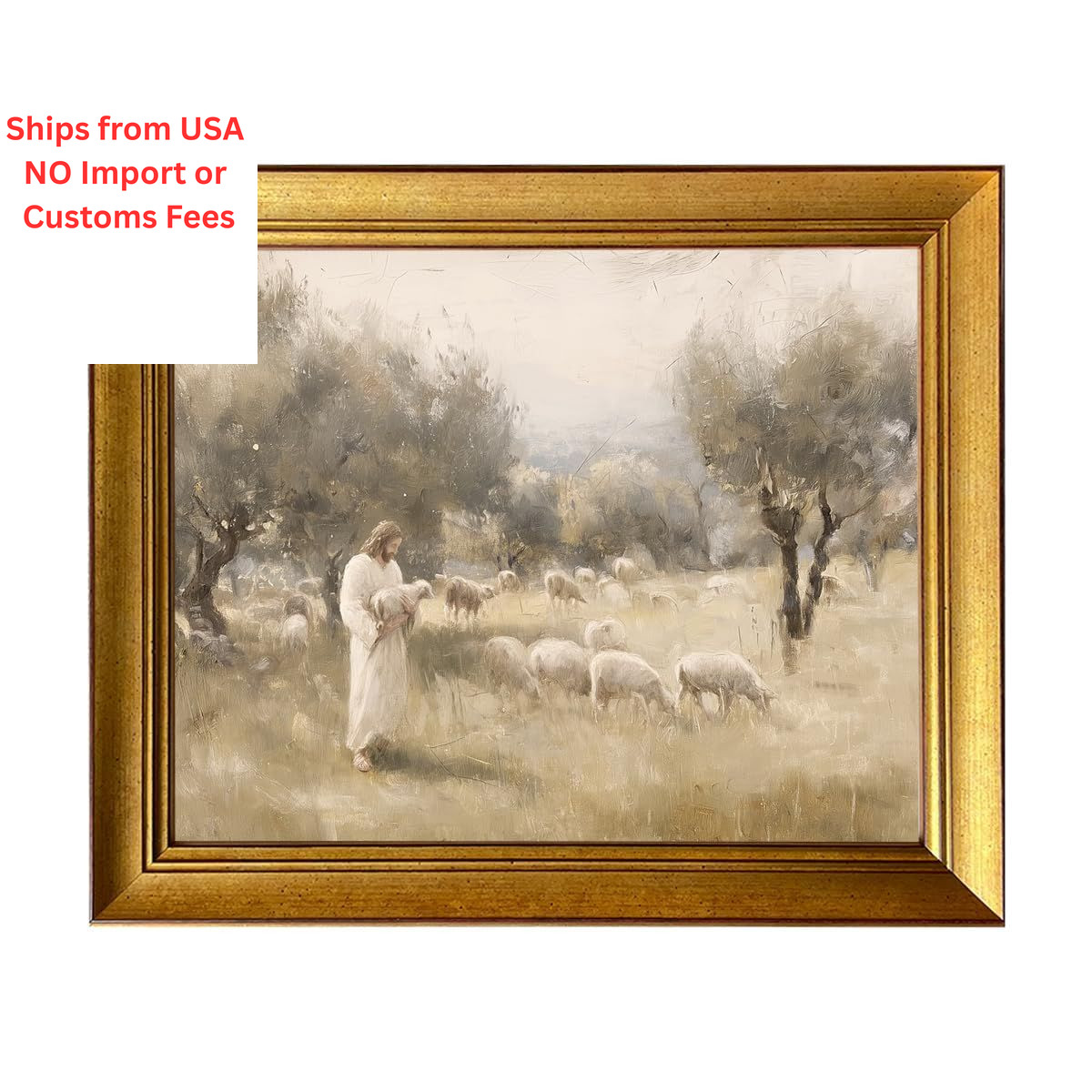 Vintage Christian Wall Art Gold Framed 12"L x 10"W, Jesus with Sheep