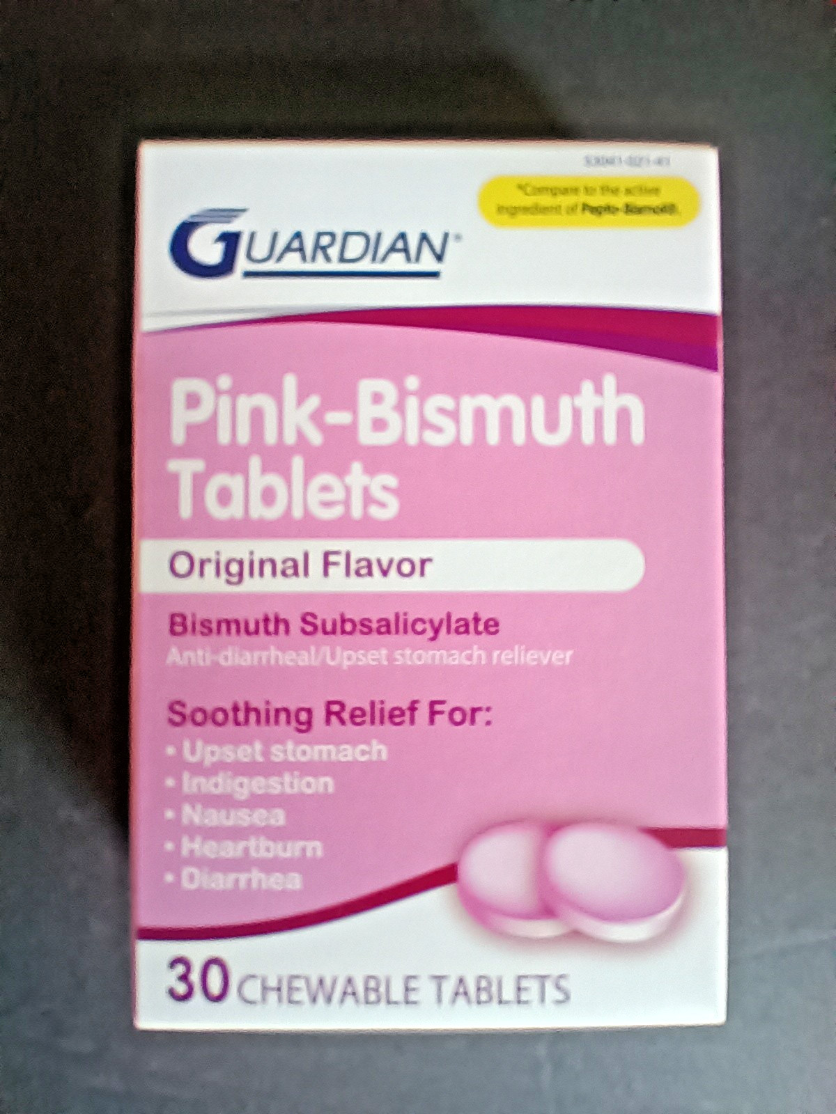 Pink Bismuth Tablet Indigestion Diarrhea Nausea Guardian 30 Chewable exp 12/2025