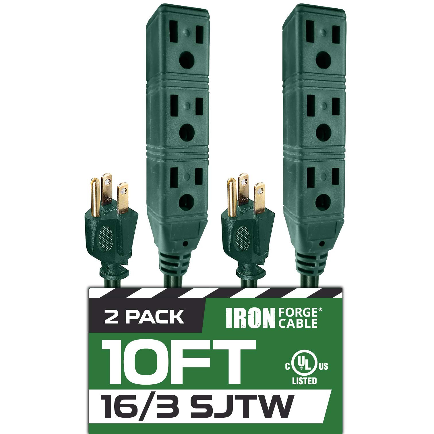 2 Pack 3 Outlet Power Strip Extension Cord 10 ft 16/3 SJTW Weatherproof Green