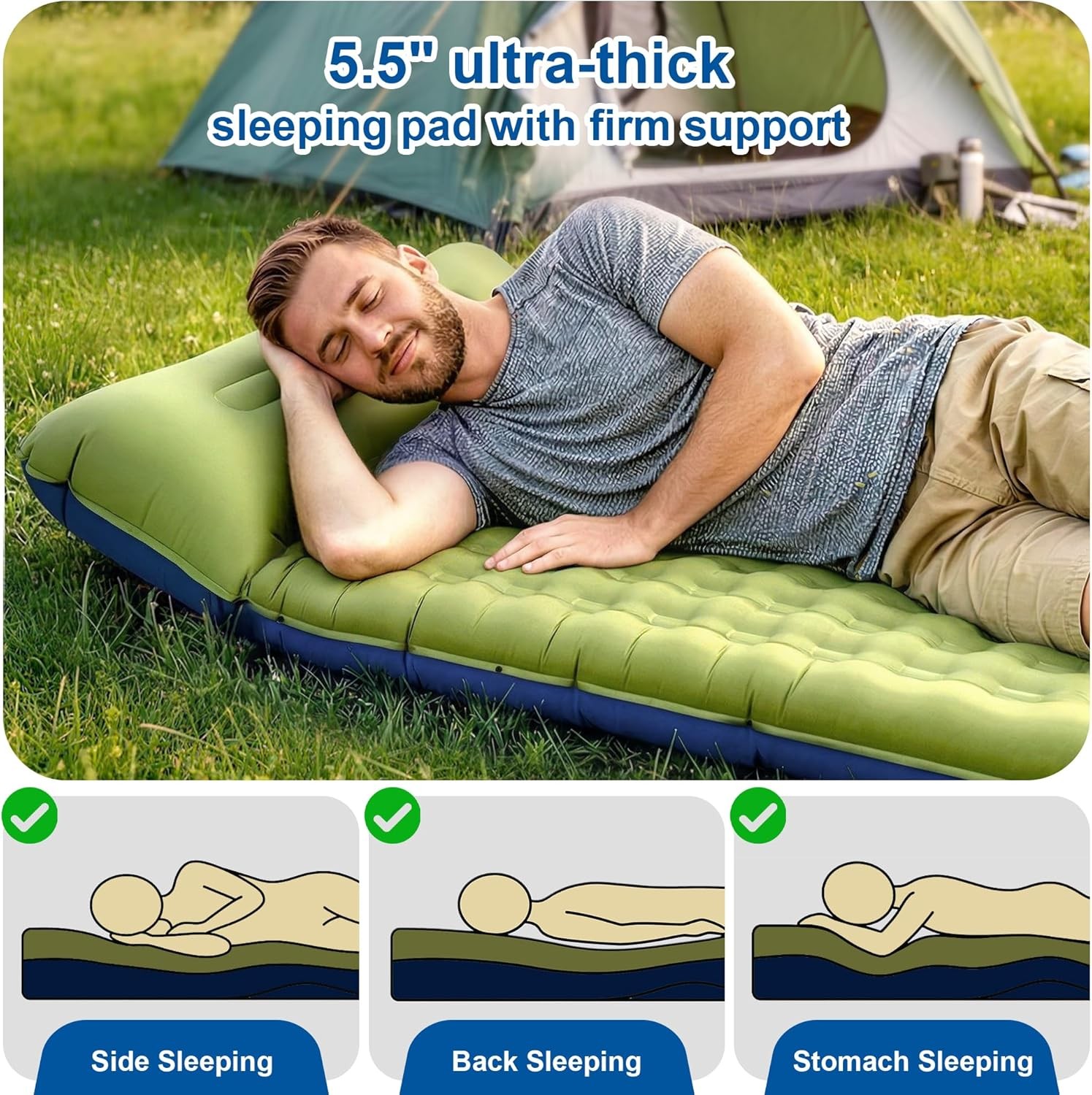5.5 Inch Thick Self Inflating Sleeping Pad with Pillow Camping Bed Hiking