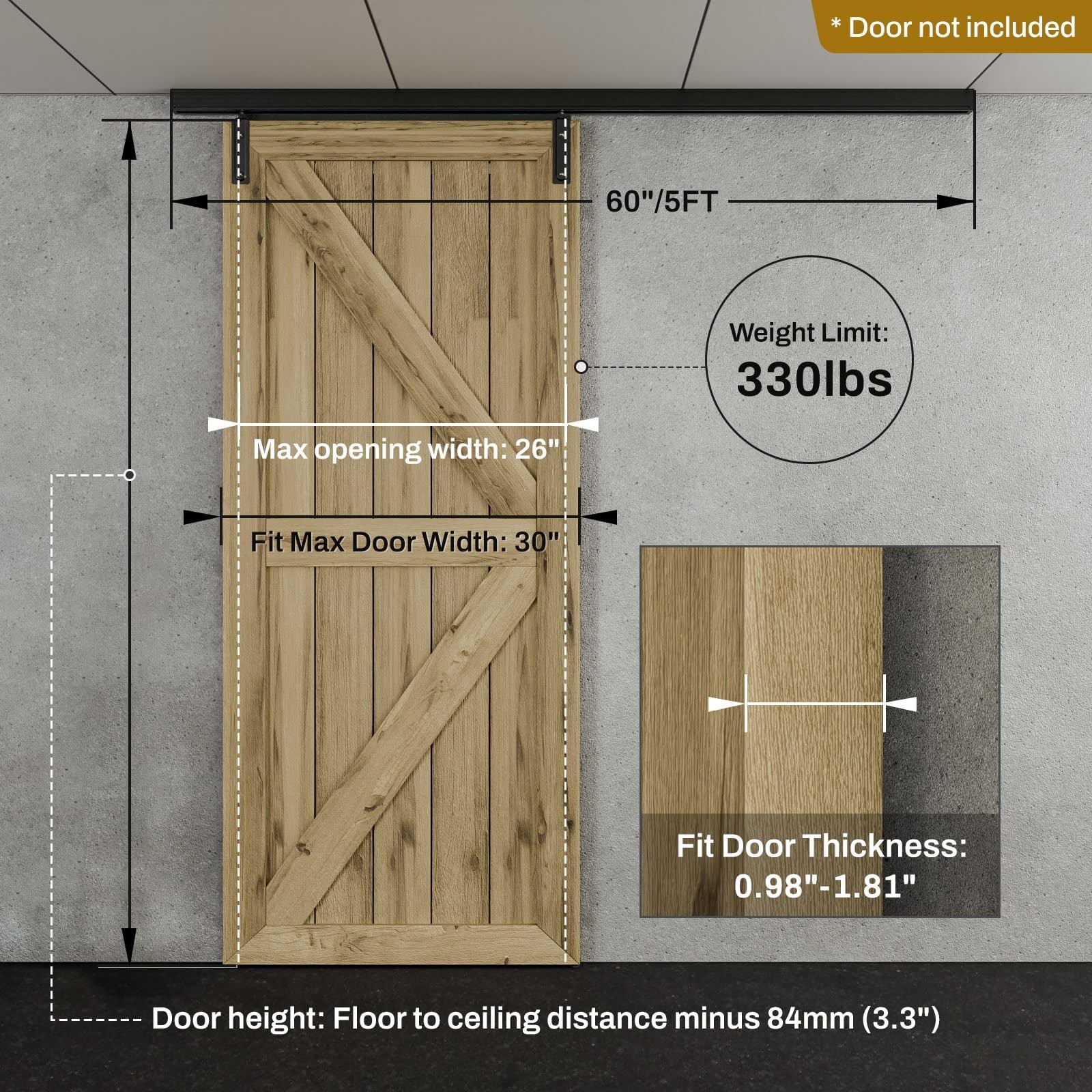 60"/5FT Ceiling Mount Box Rail Barn Door Hardware Heavy Duty Sliding Barn Doo...
