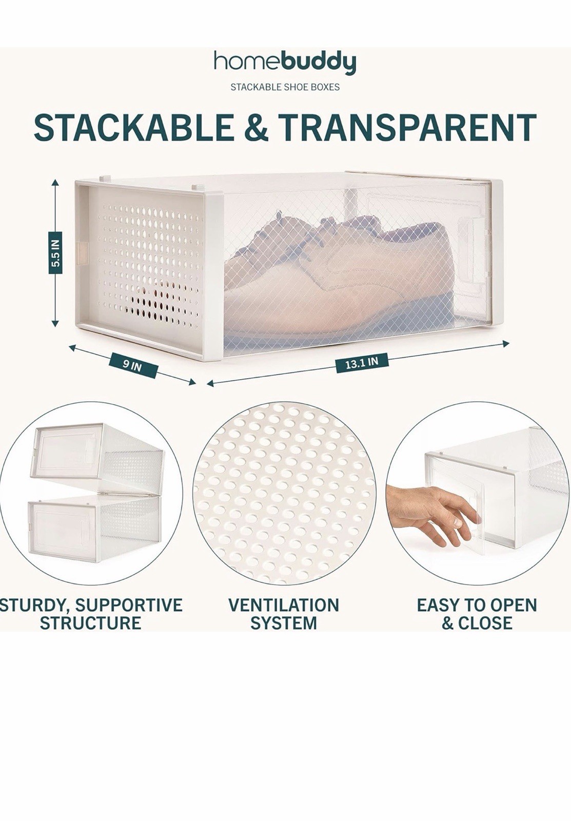 HomeBuddy Stackable Clear Plastic Shoe Storage Box Ventilation System Modern