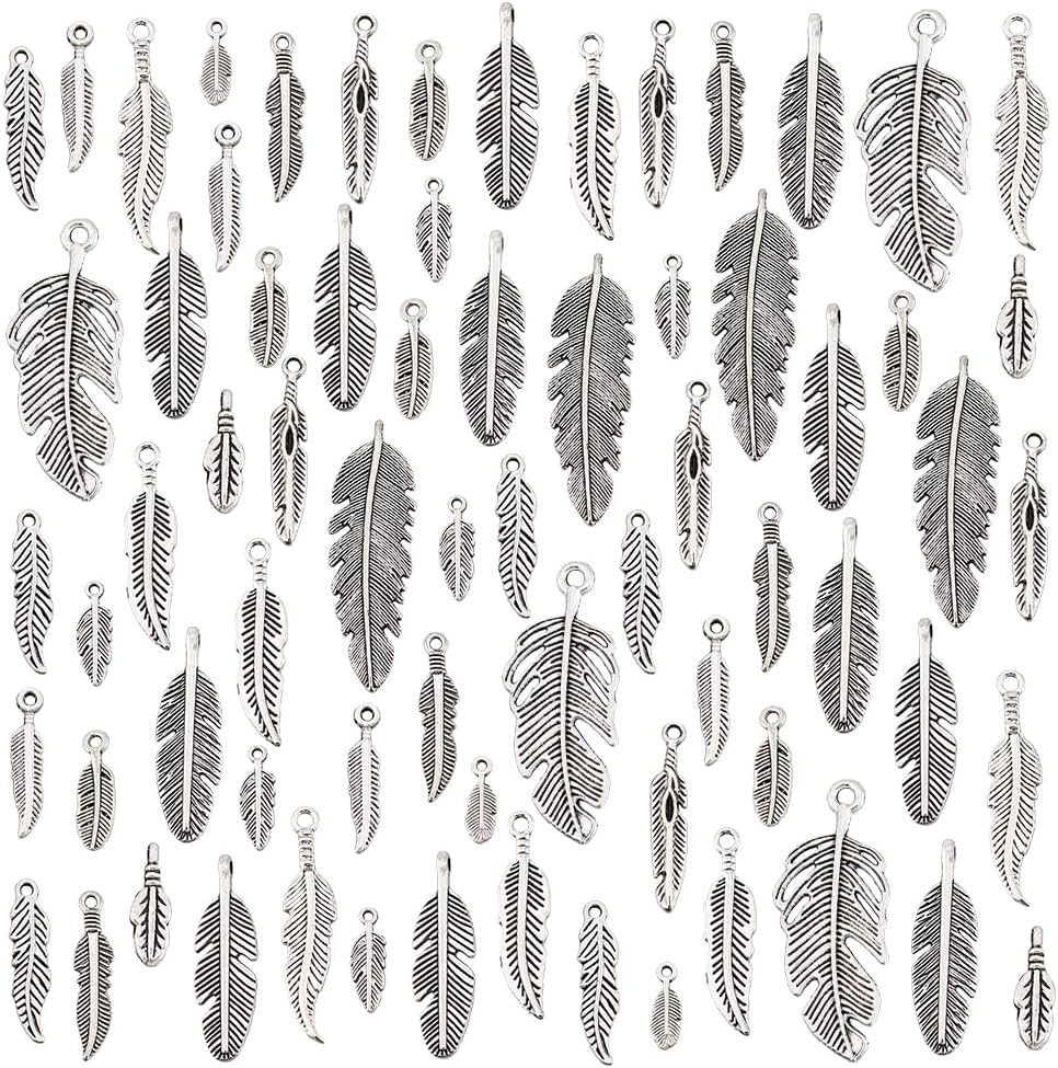 84Pcs 14 Styles Feather Charms Pendants, Antique Silver Feathers Pendants Tibeta