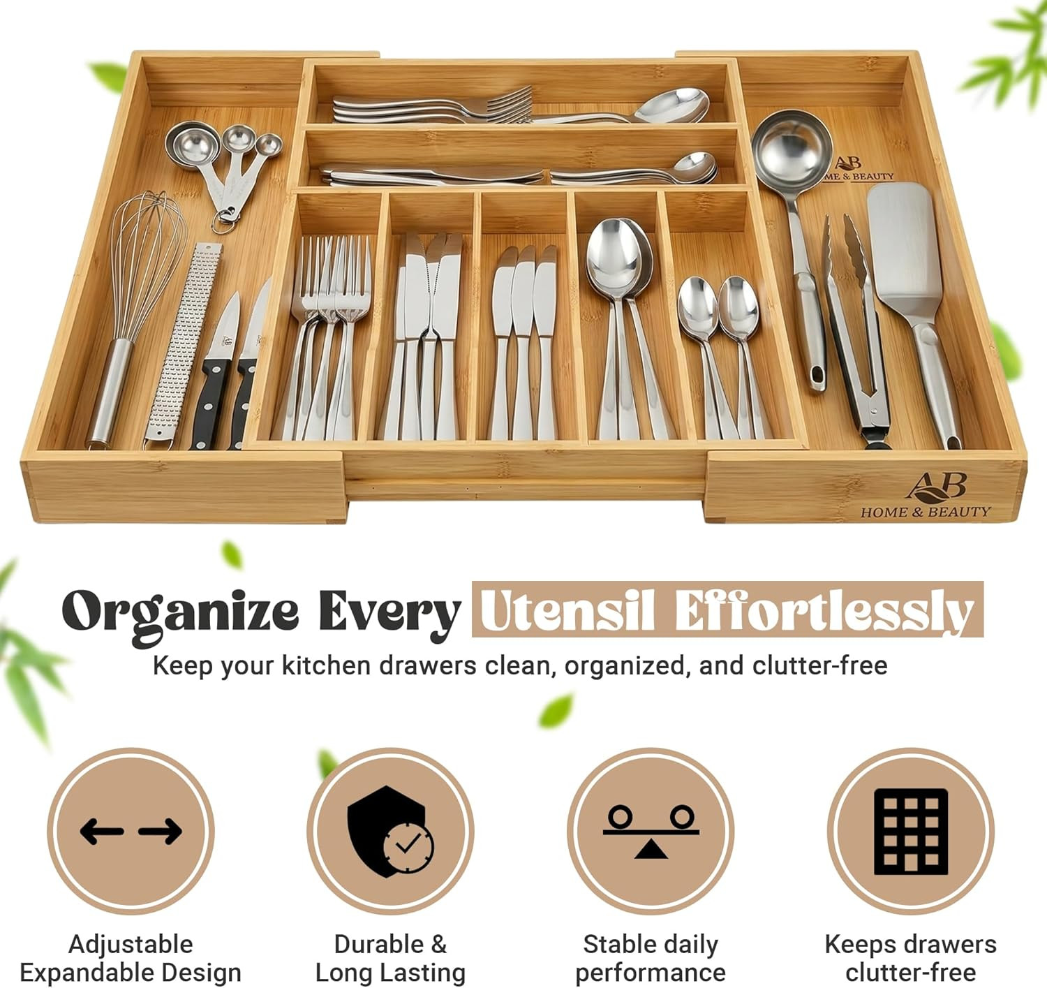 Expandable Bamboo Drawer Organizer for Kitchen Utensils - Adjustable Silverware