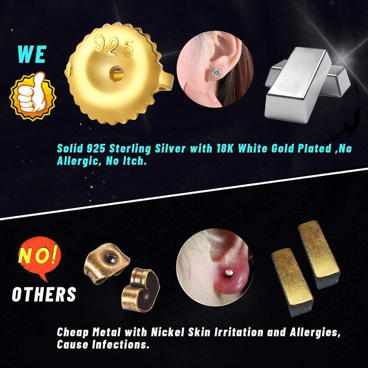 14K White Gold Plated Secure Screw Earring Backs Replacement for Diamond Earring