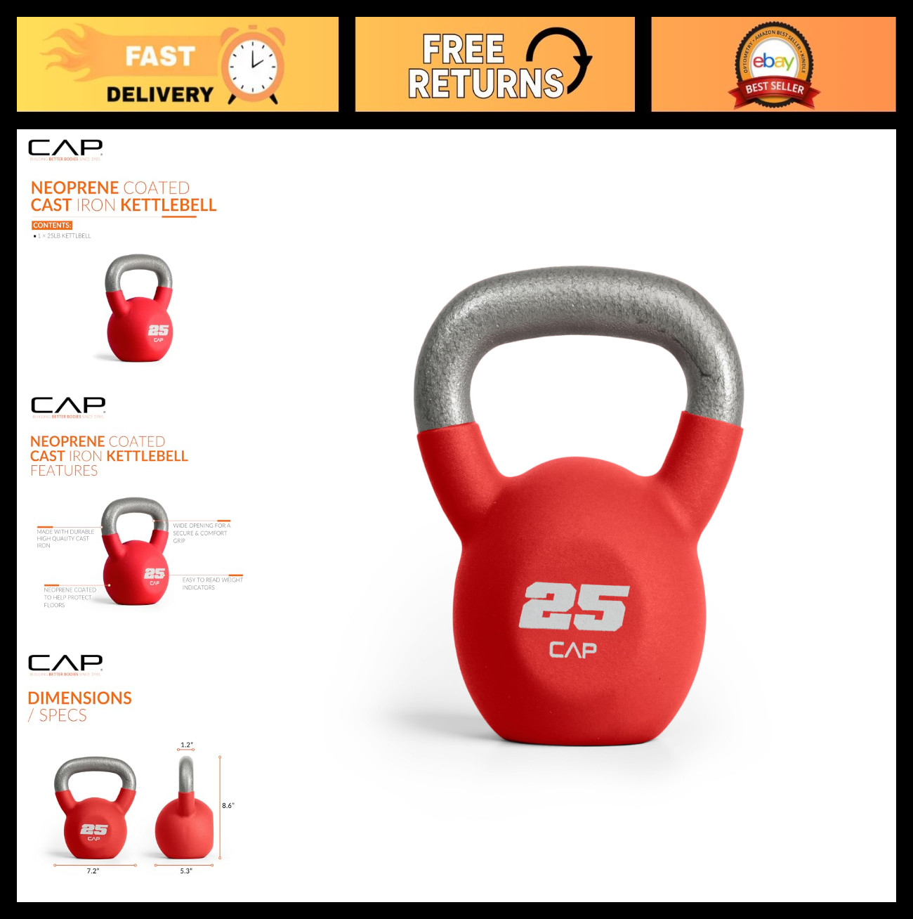 Cast Iron Kettlebell - Coated, Multiple Weights, Singles & Sets for Strength Tra