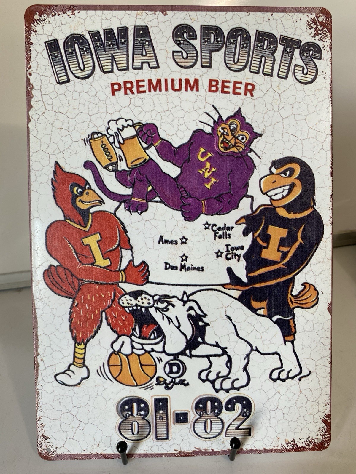 Vintage Iowa Sports Beer Sign - Hawkeyes Cyclones Panthers Illinois Bulldogs