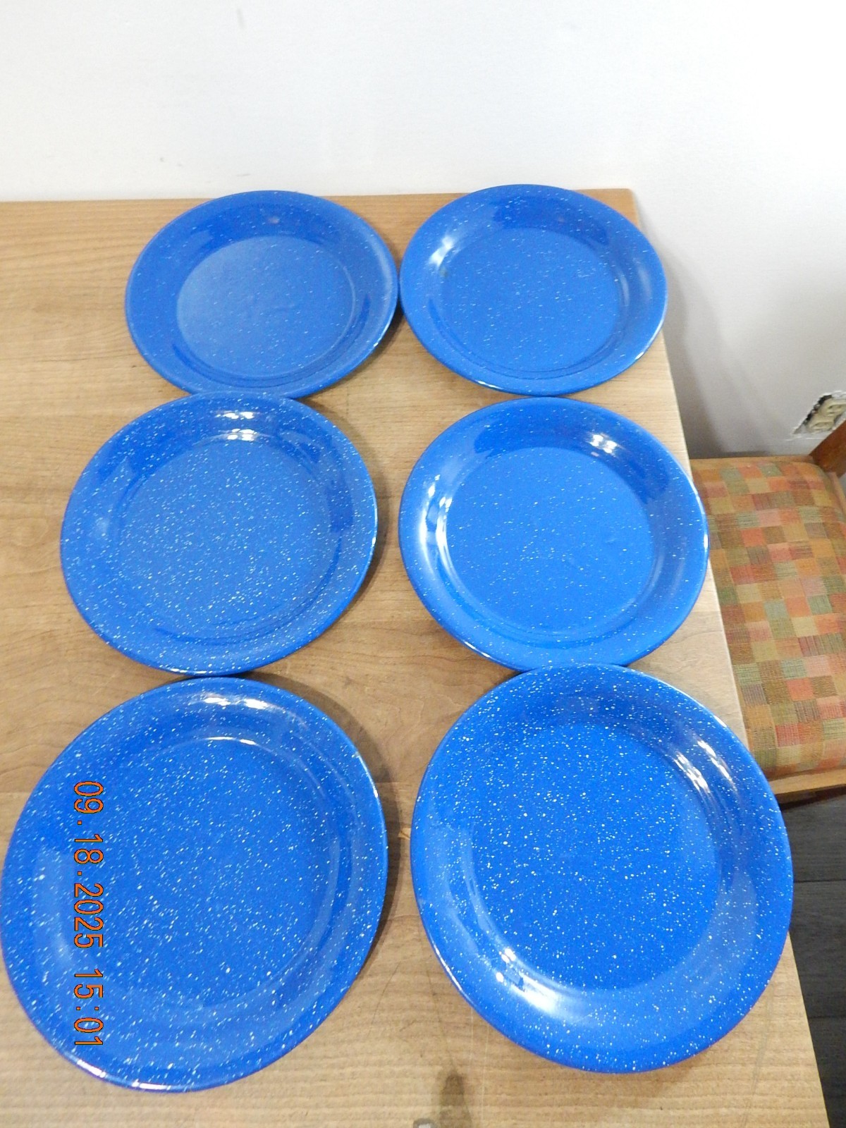 6- Vintage Enamelware Blue White Speckled Dots Camping Plates 8 1/2"