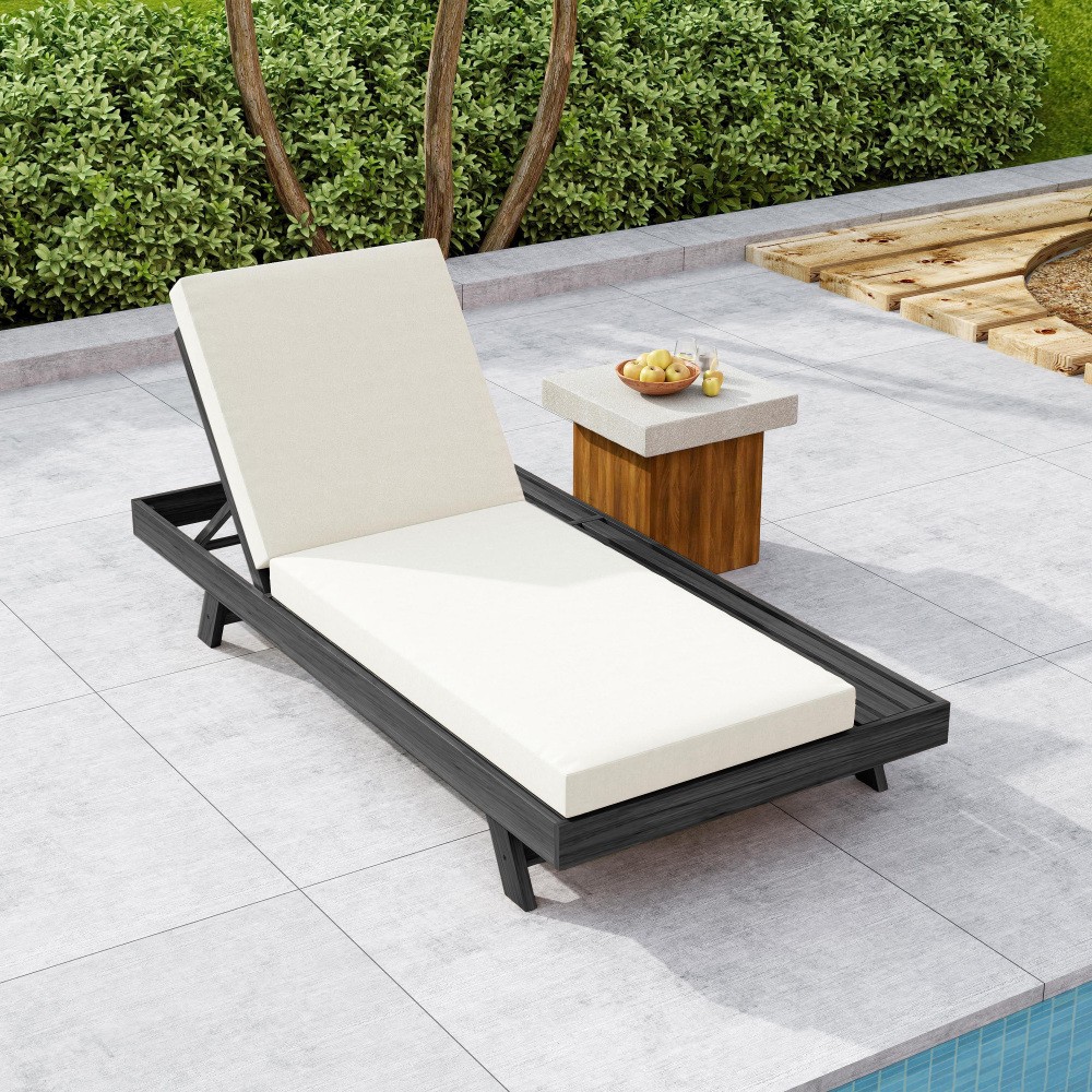 Outdoor Adjustable Sun Lounger w/ Cushion, Acacia Recliner Chair