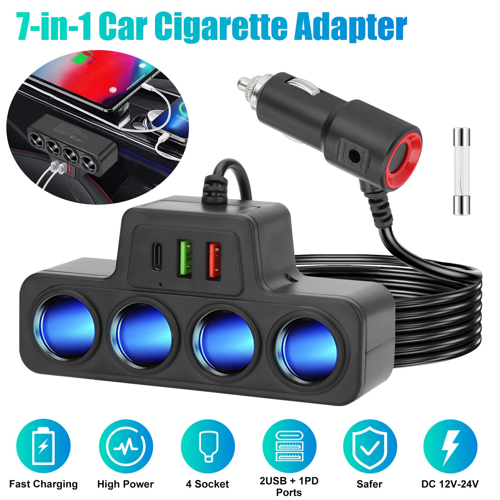 4 Way Car Cigarette Lighter Socket Splitter USB Fast Charger Power Adapter 12V