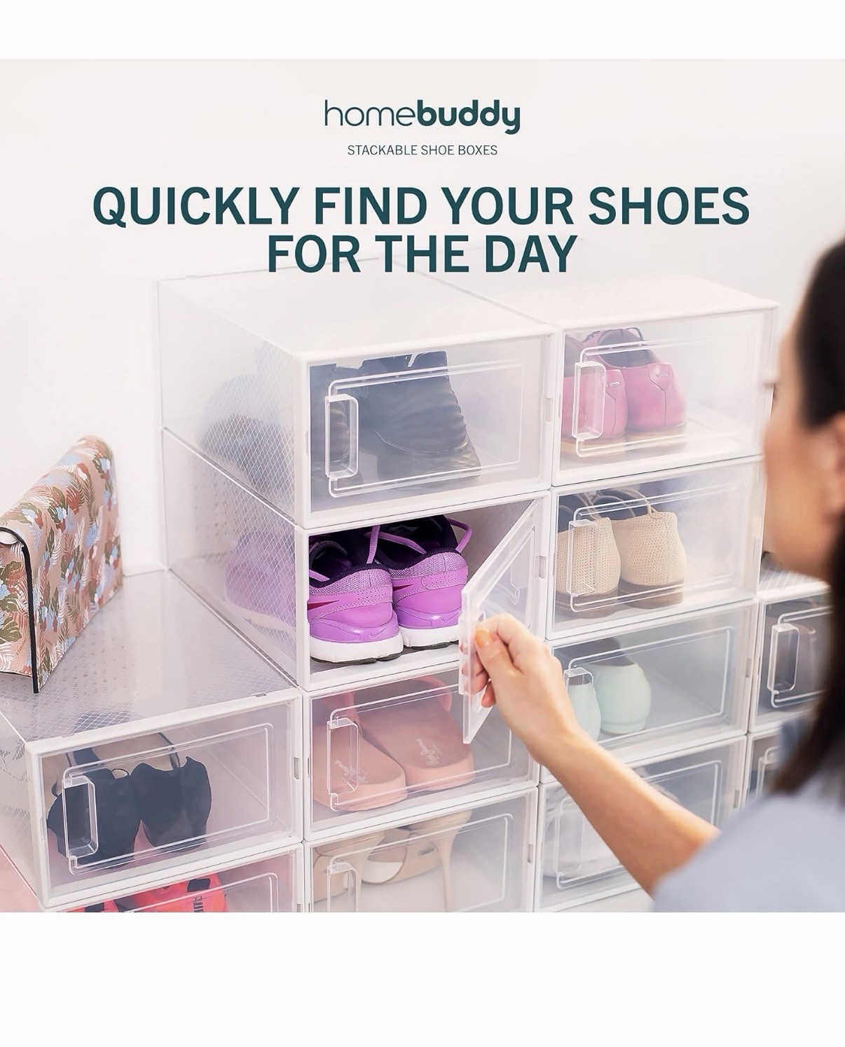 HomeBuddy Stackable Clear Plastic Shoe Storage Box Ventilation System Modern