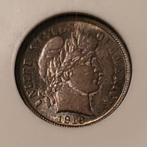 1916 Barber Dime AU58 NGC Toned