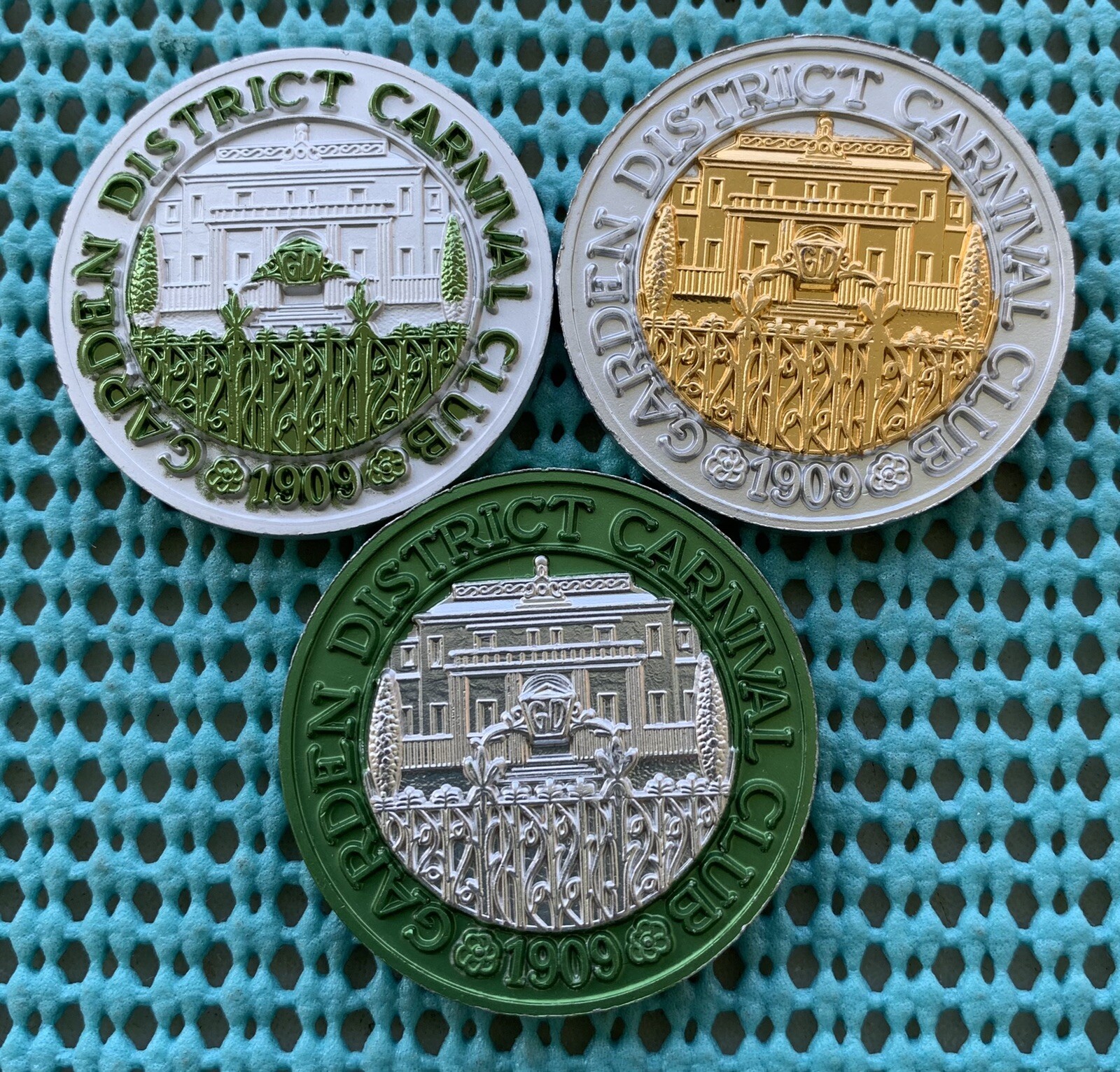 Lot of 3 GARDEN DISTRICT Carnival Club dual color aluminum Doubloons (1972-73)
