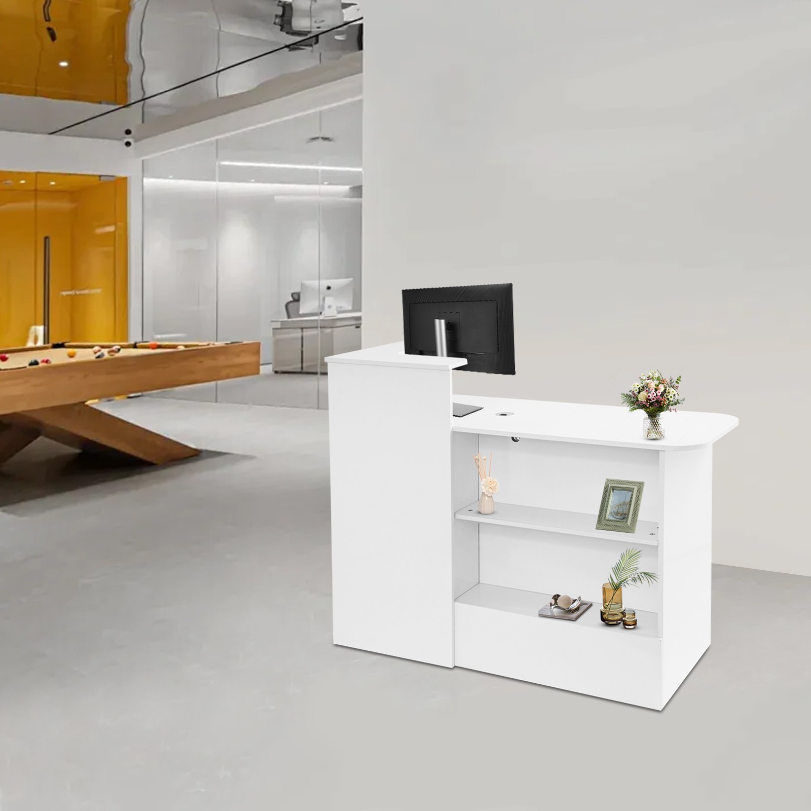 Modern Reception Desk, Transaction Counter Front Table w/Lockable Drawer & Light